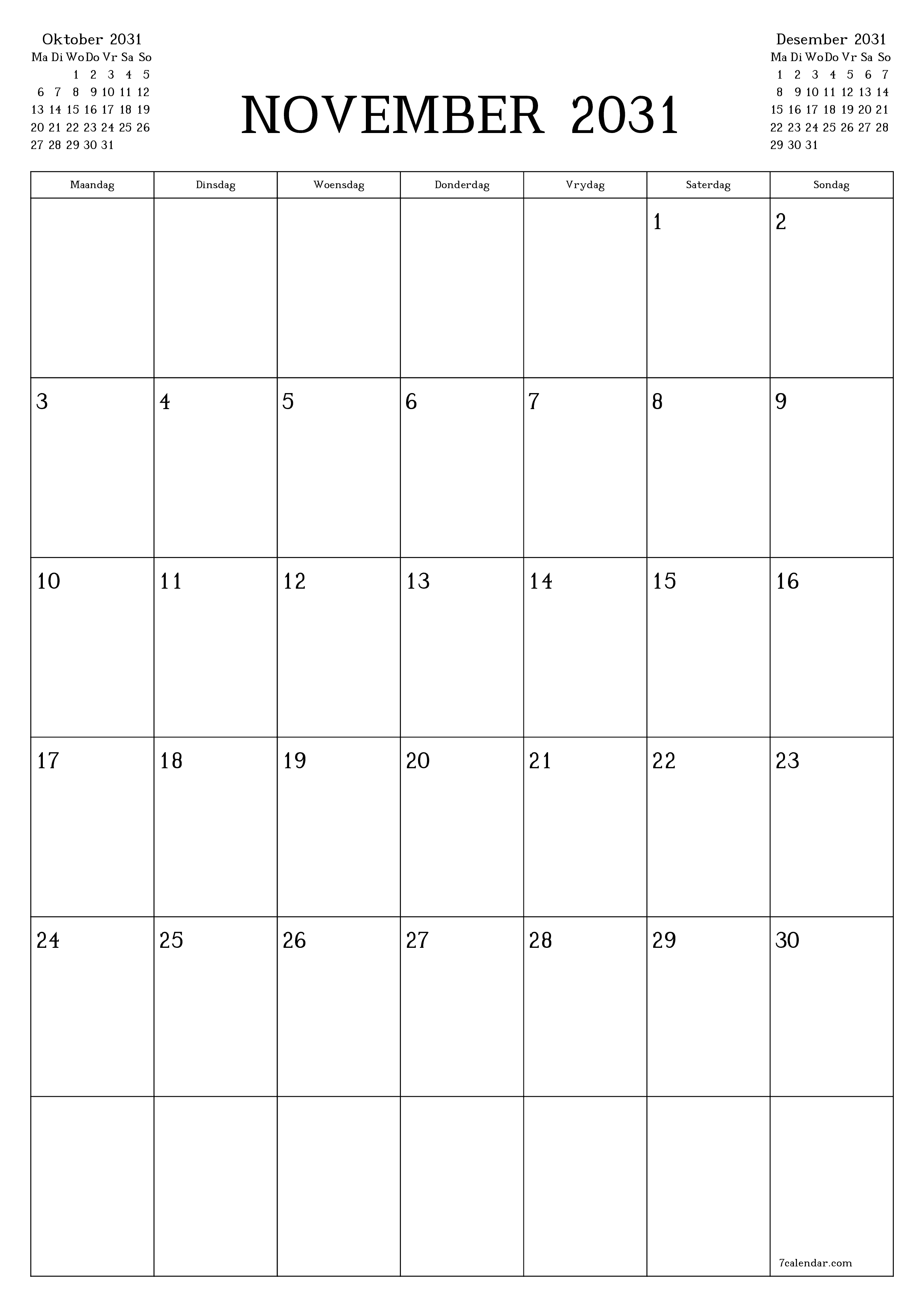 drukbare muur template gratis vertikaal Maandeliks beplanner kalender November (Nov) 2031
