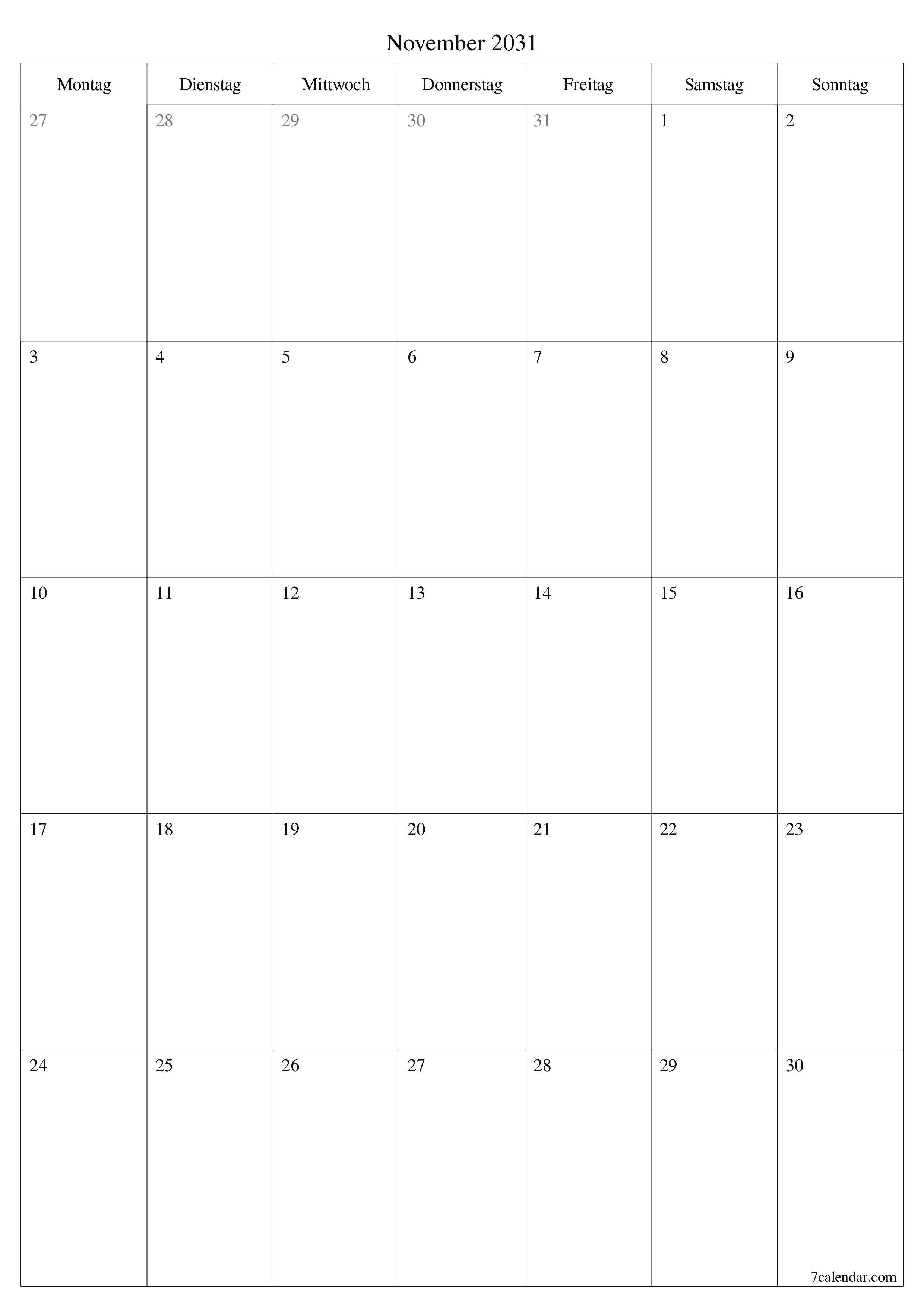 zum Ausdrucken Wandkalender vorlage kostenloser vertikal Monatlich Planer Kalender November (Nov) 2031