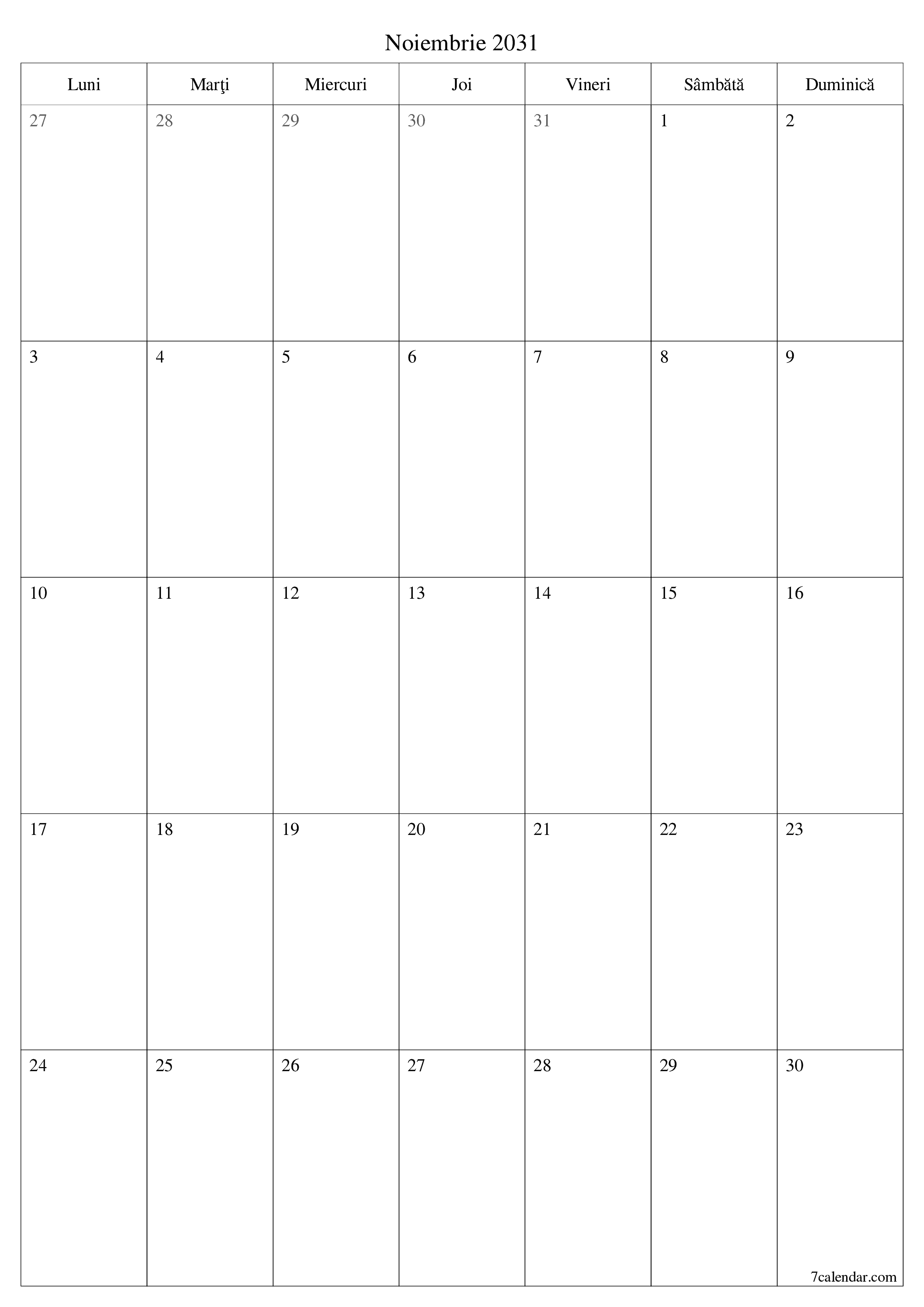  imprimabil de perete șablon de gratuitvertical Lunar planificator calendar Noiembrie (Nov) 2031