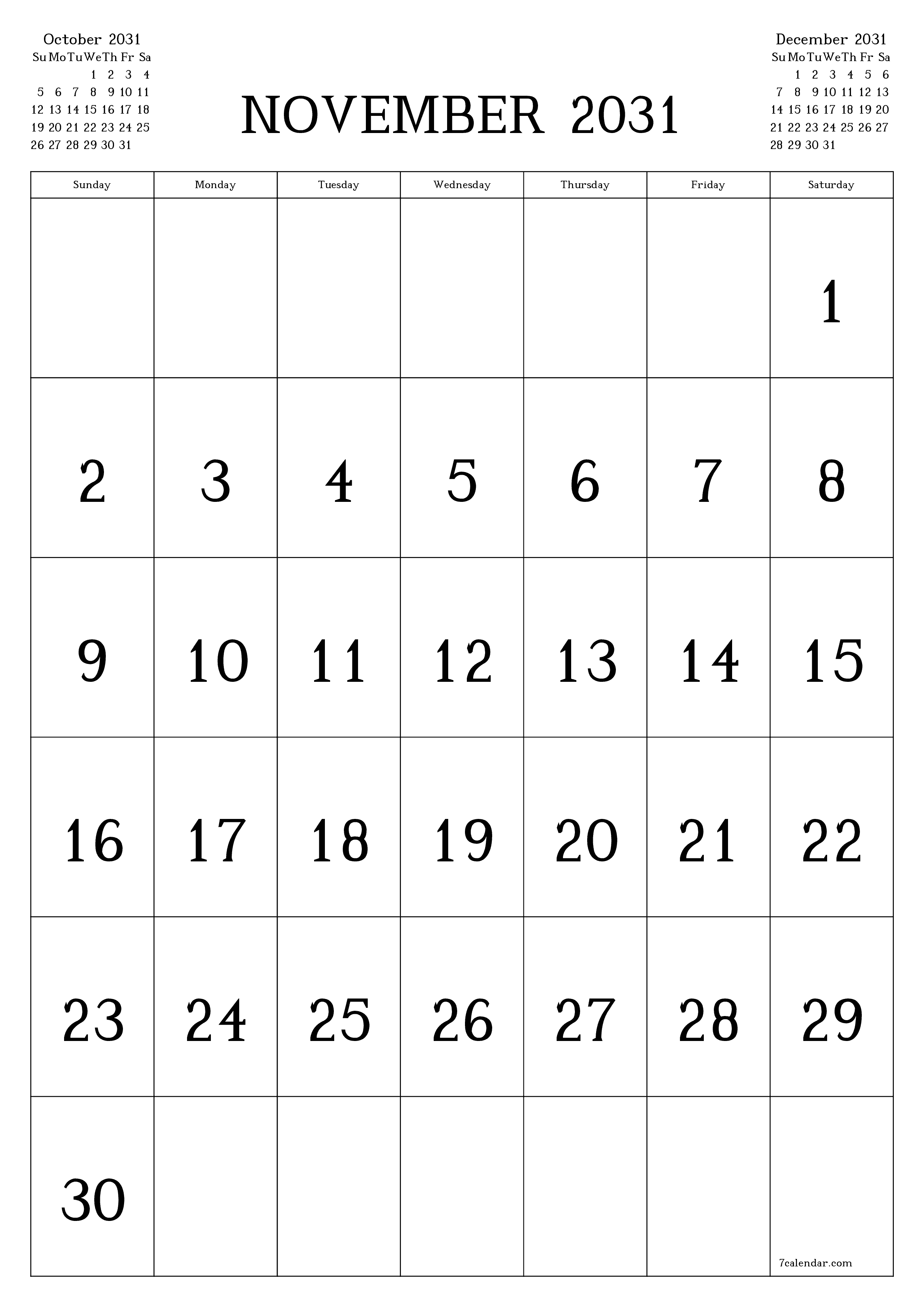 Blank calendar November 2031