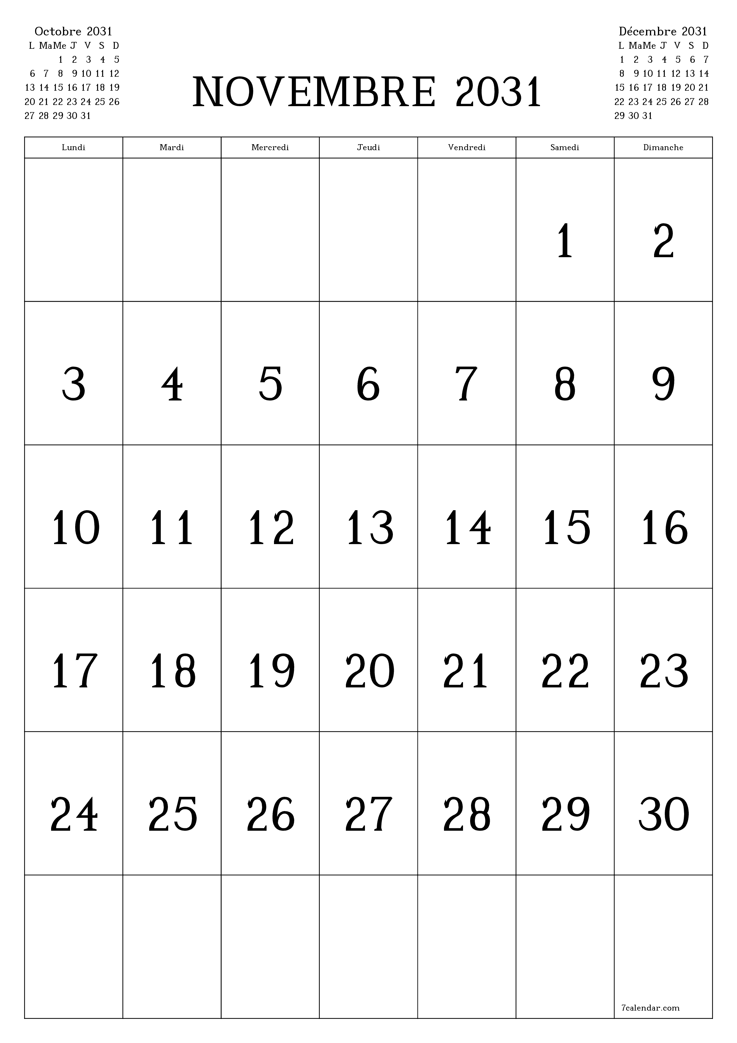  imprimable mural modèle de gratuitverticale Mensuel calendrier Novembre (Nov) 2031