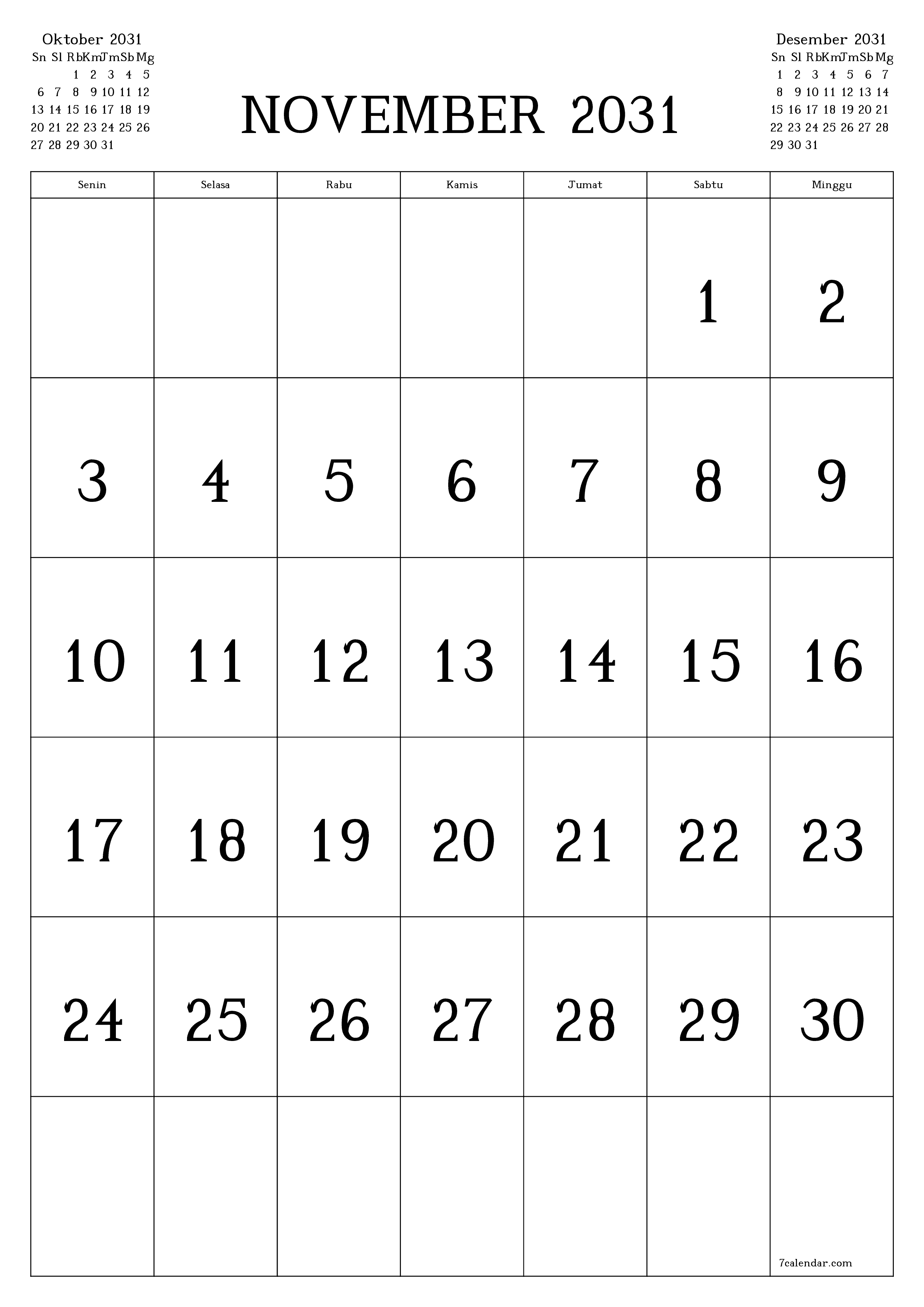  yang dapat dicetak dinding templat gratisvertikal Bulanan kalender November (Nov) 2031