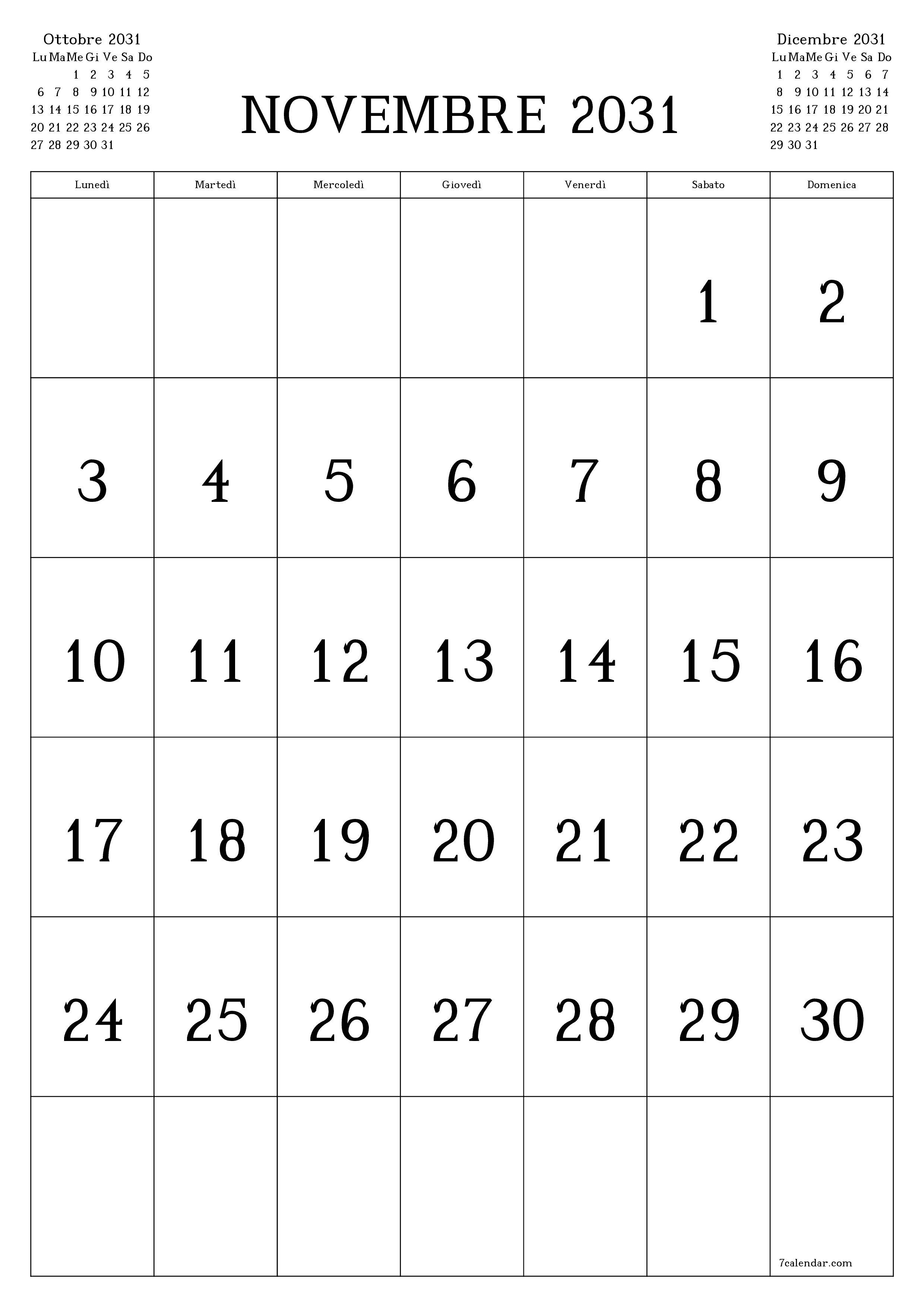  stampabile da parete modello di gratuitoverticale Mensile calendario Novembre (Nov) 2031