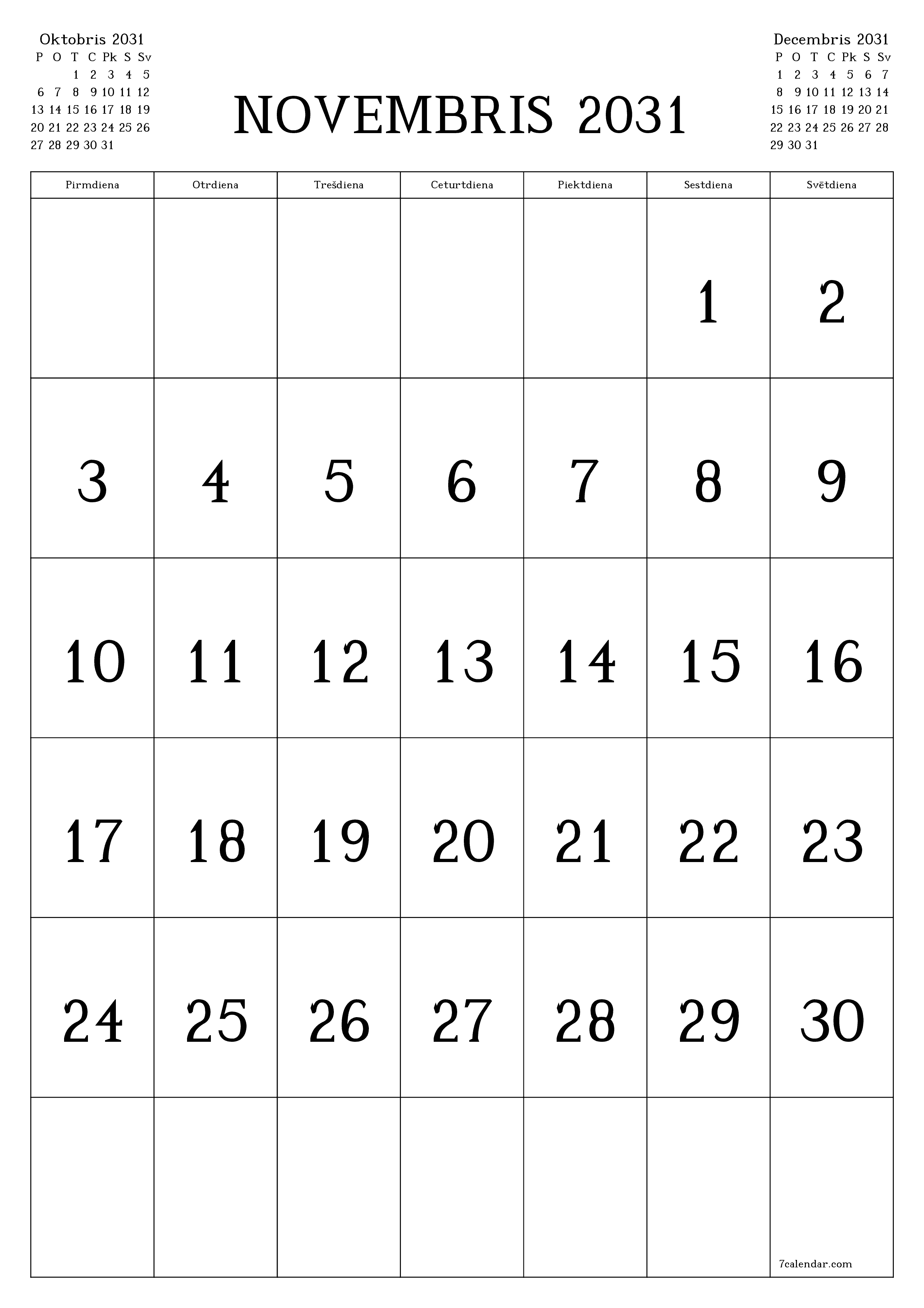 izdrukājams sienas kalendāra veidne bezmaksas vertikāli Mēneša kalendārs Novembris (Nov) 2031