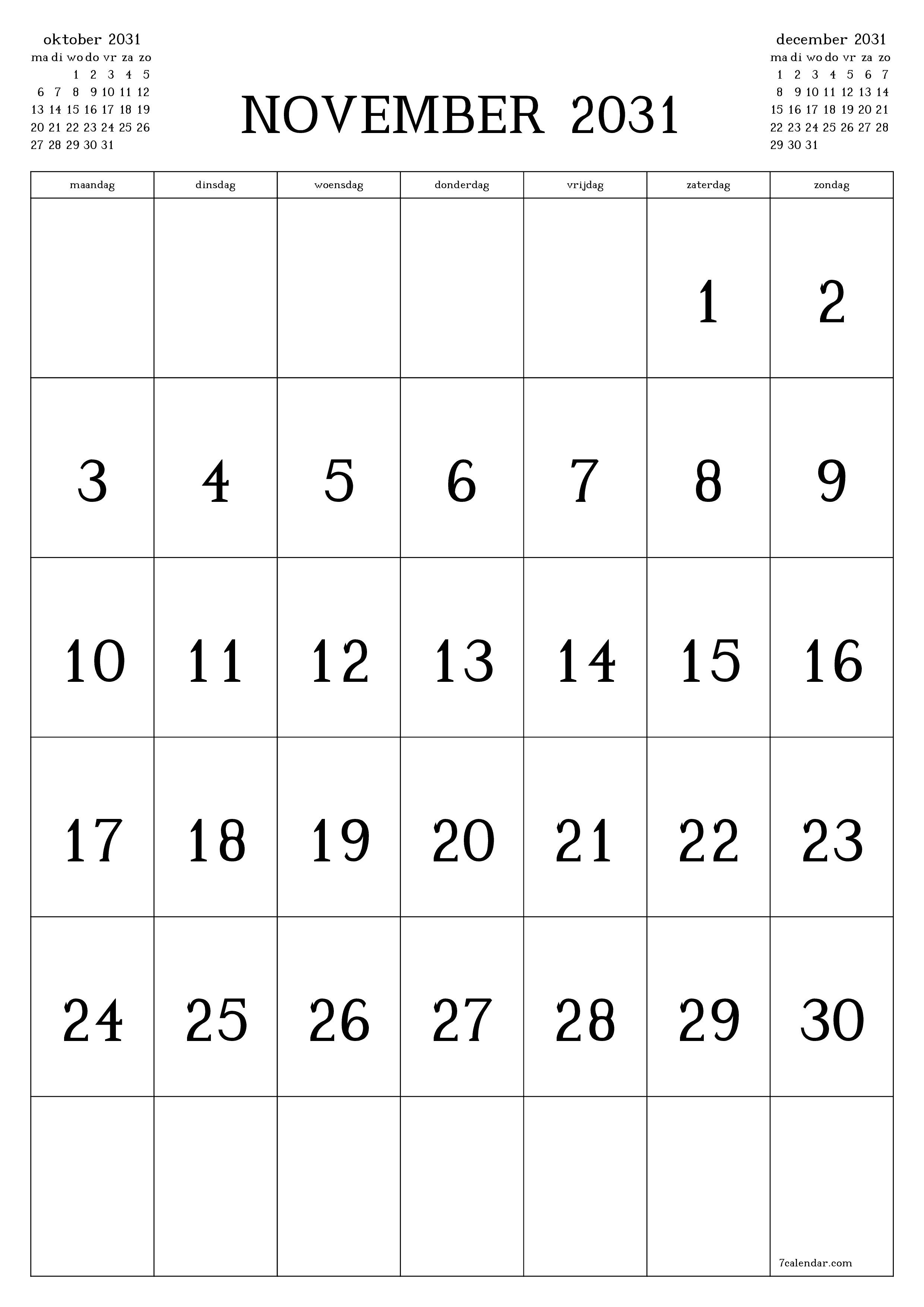 afdrukbare muur sjabloon gratis verticaal Maandelijks kalender november (nov) 2031