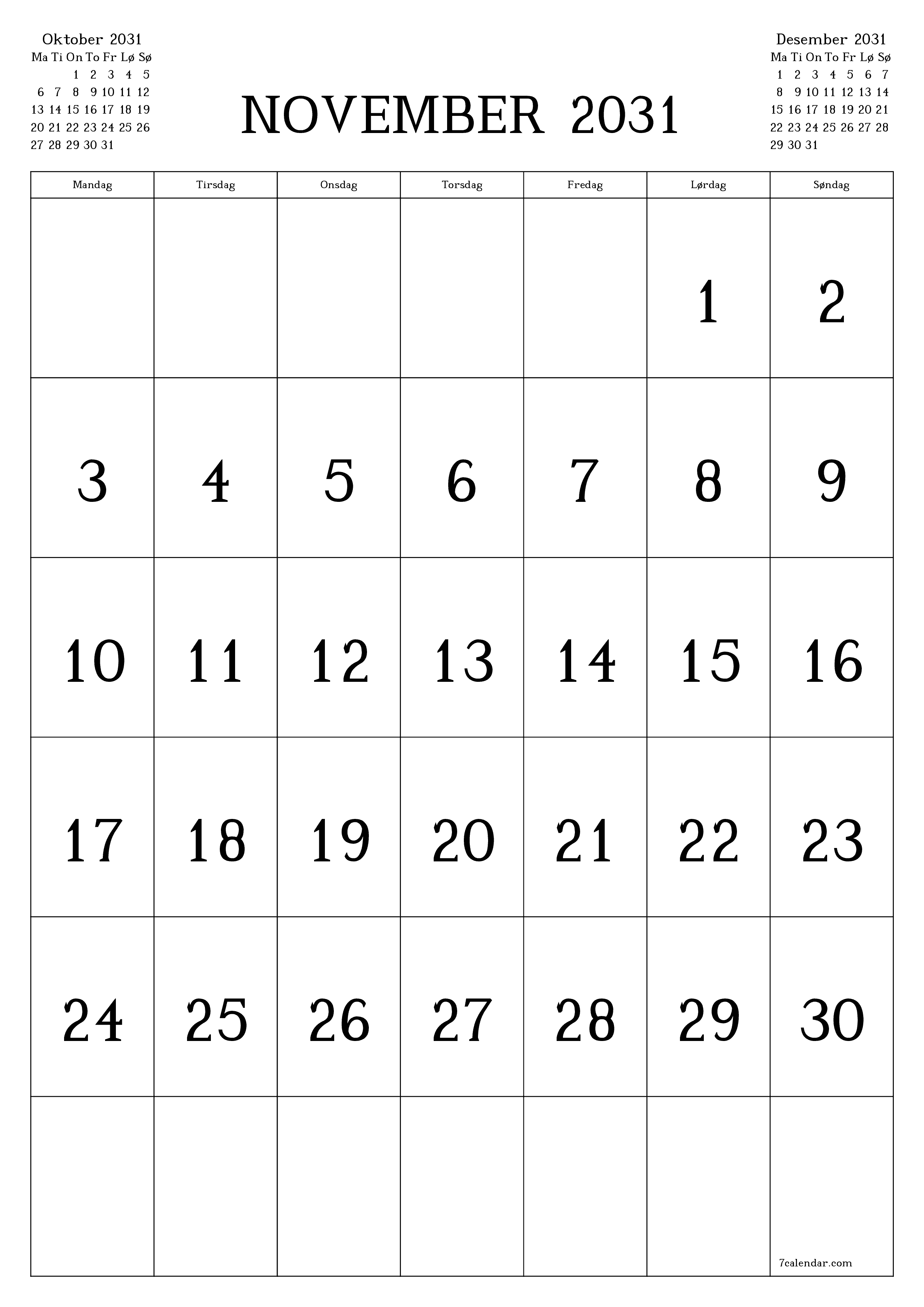utskrivbar vegg mal gratis vertikal Månedlig kalender November (Nov) 2031