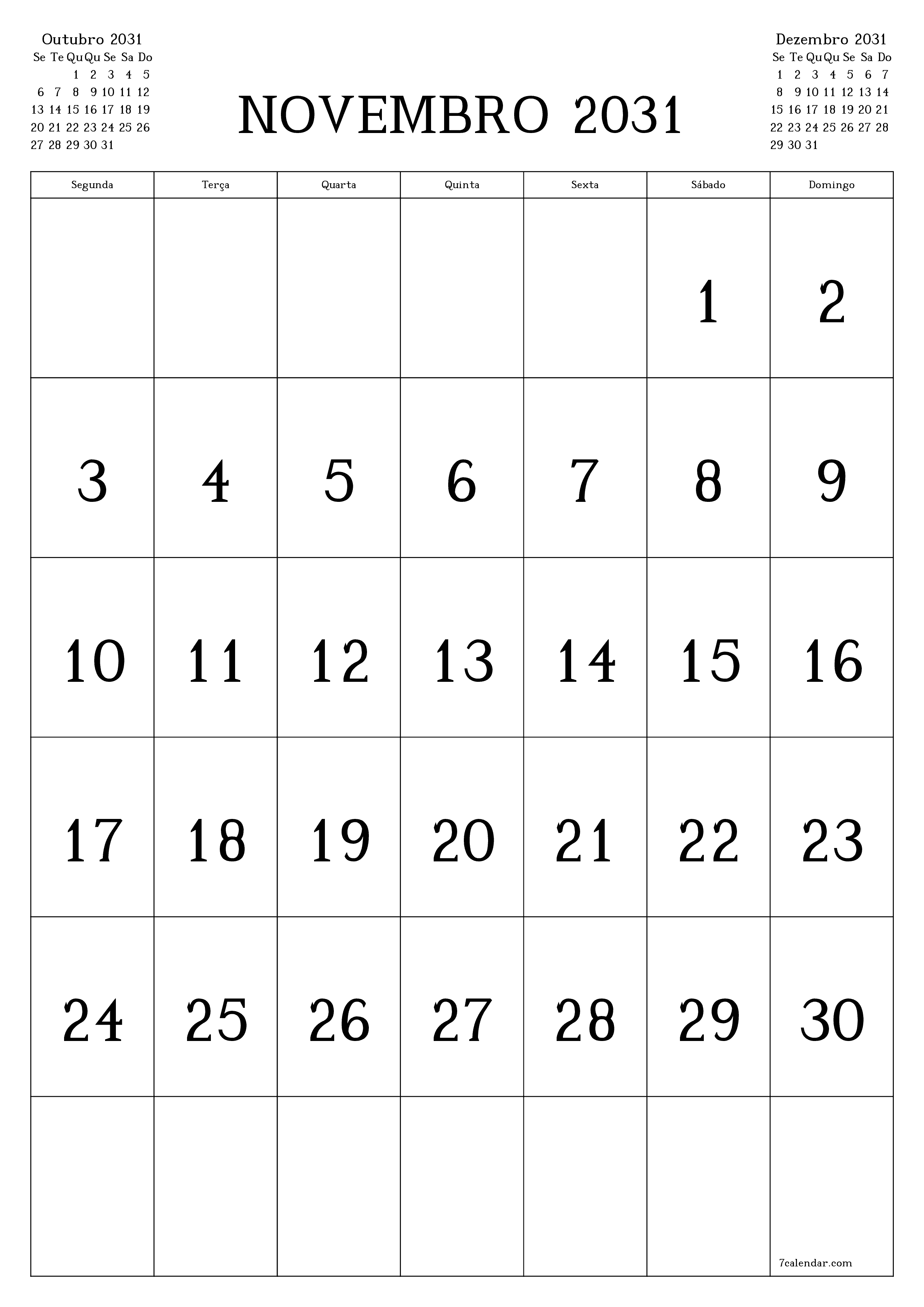  para impressão de parede modelo de grátisvertical Mensal calendário Novembro (Nov) 2031