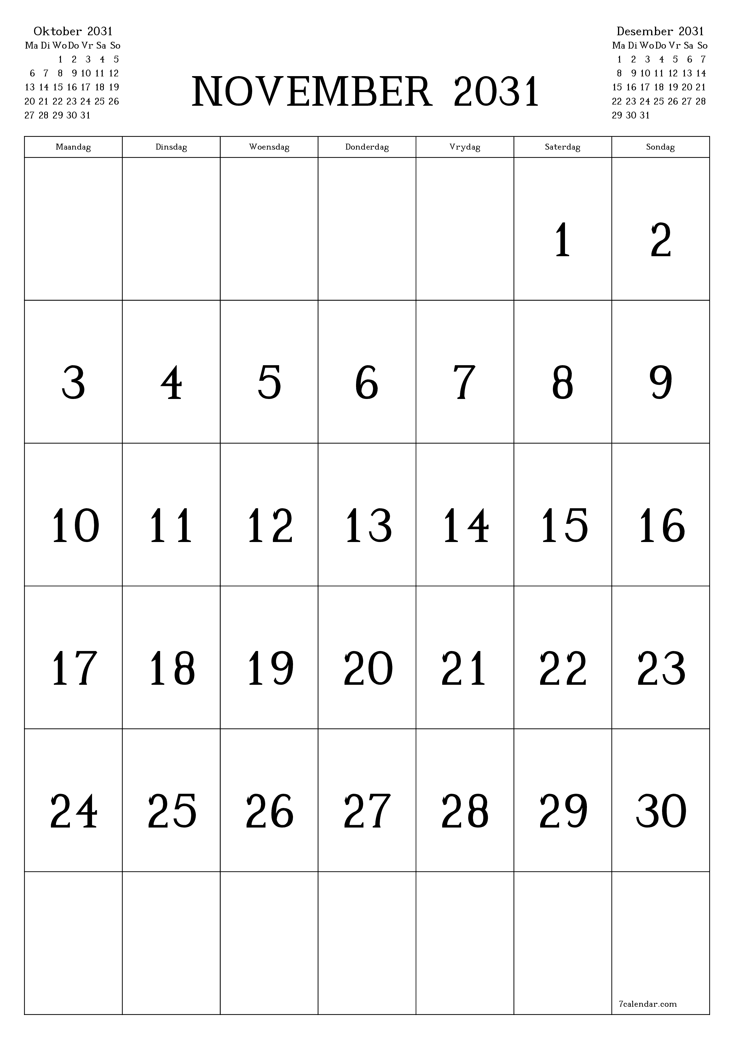 drukbare muur template gratis vertikaal Maandeliks kalender November (Nov) 2031