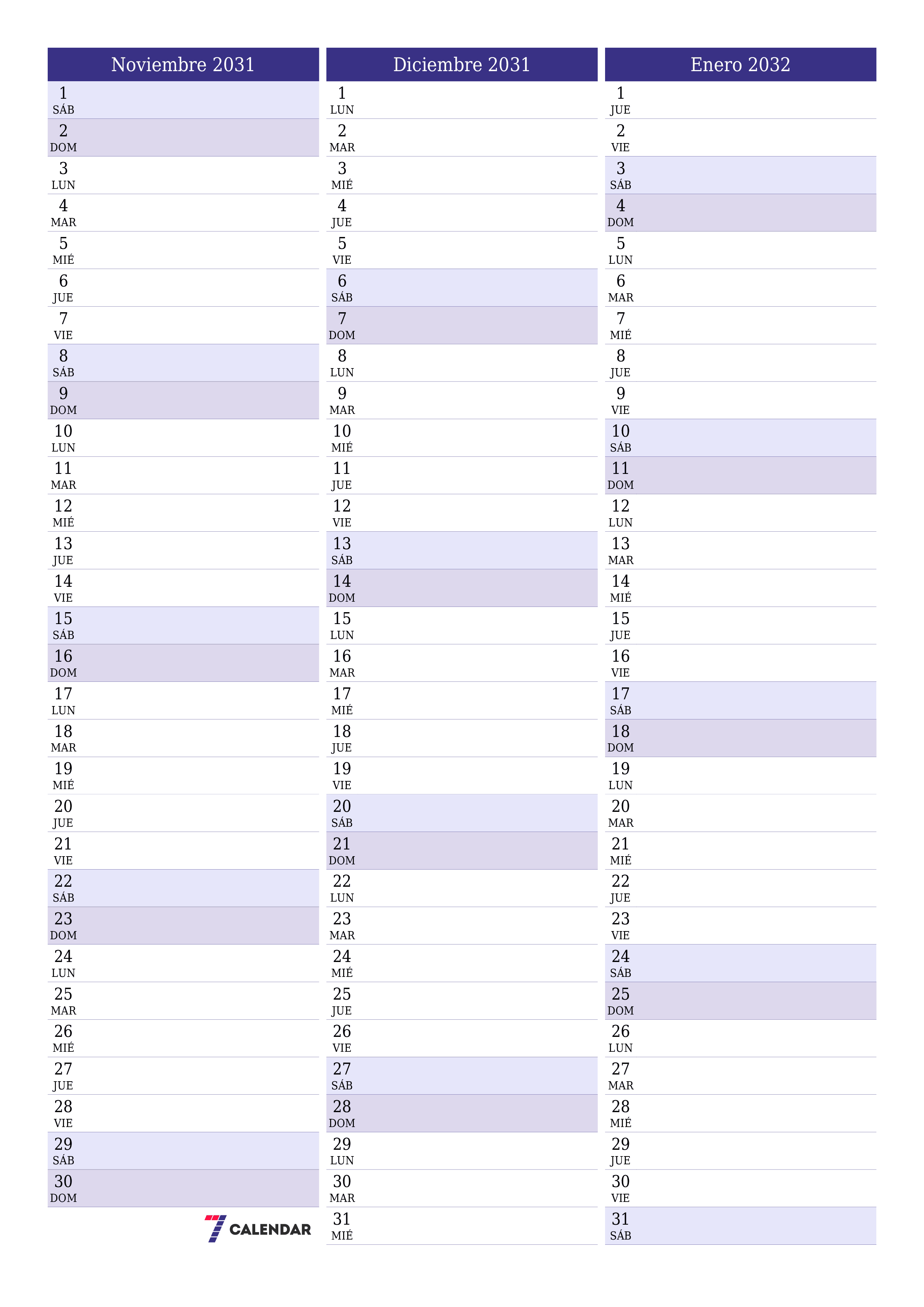 imprimible de pared plantilla de gratisvertical Mensual planificador calendario Noviembre (Nov) 2031