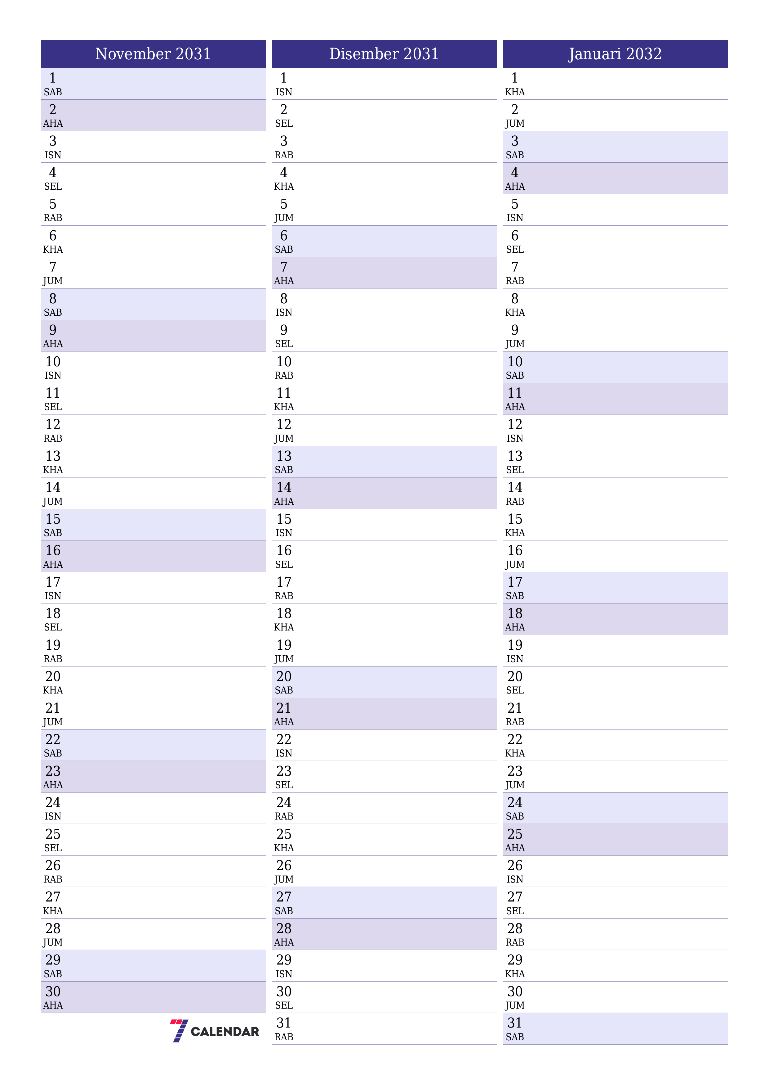  boleh cetak dinding templat percumamenegak Bulanan perancang kalendar November (Nov) 2031