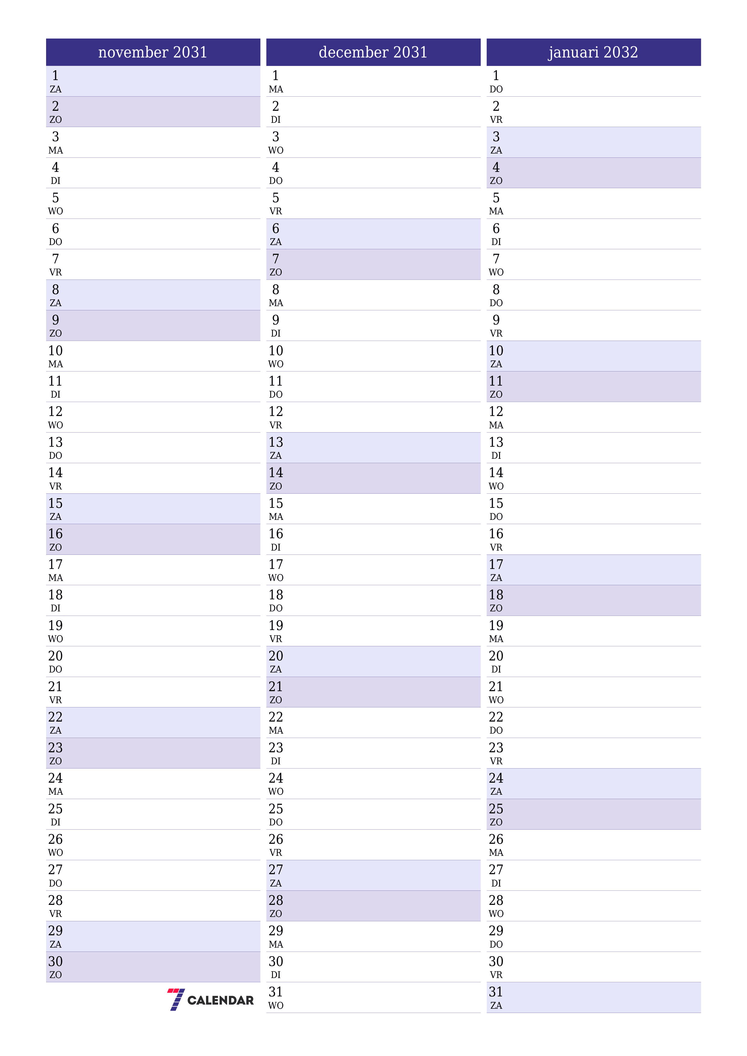 afdrukbare muur sjabloon gratis verticaal Maandelijks planner kalender november (nov) 2031
