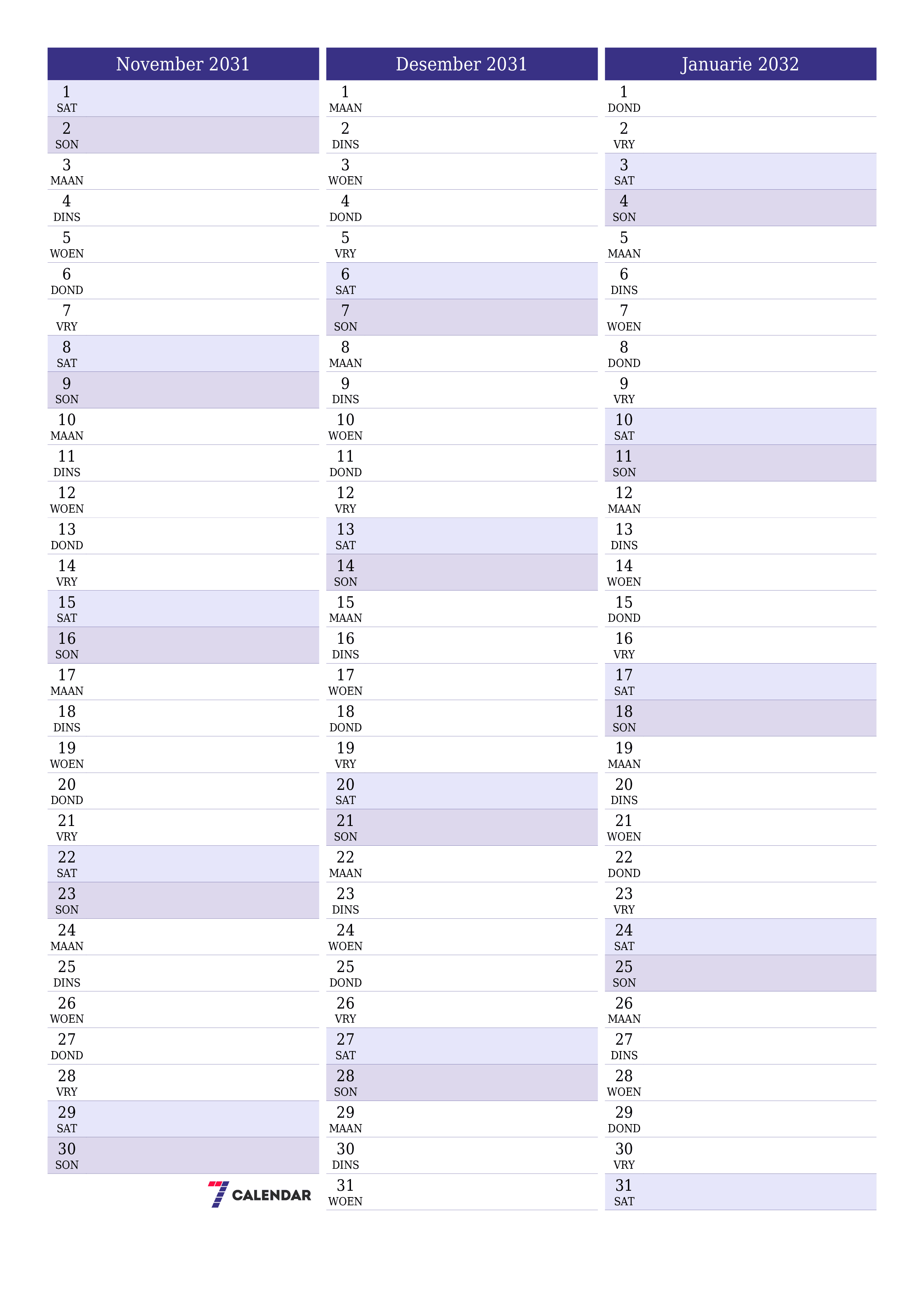 drukbare muur template gratis vertikaal Maandeliks beplanner kalender November (Nov) 2031