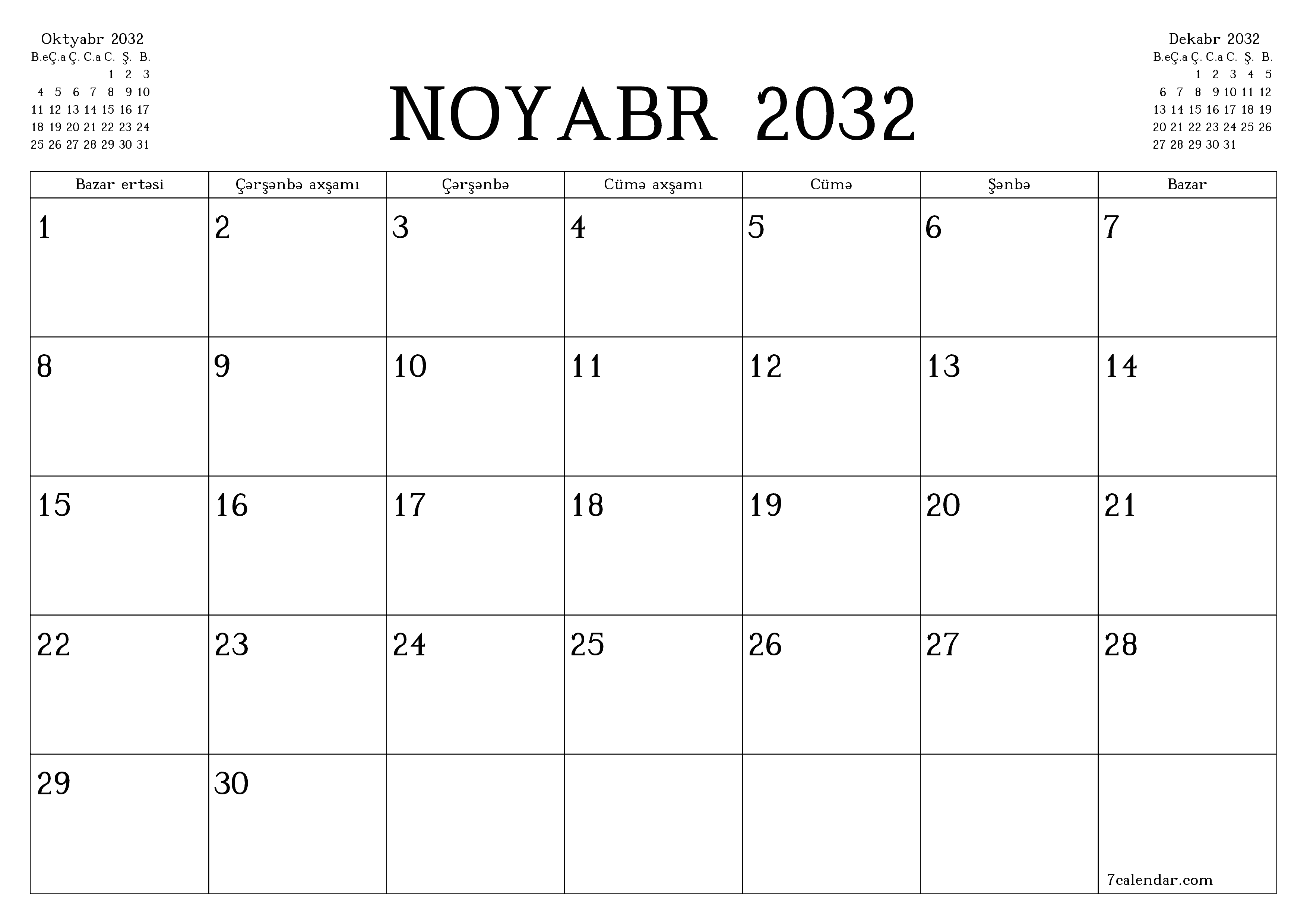 Noyabr 2032 ayı üçün qeydlər ilə boş aylıq planlayıcı, qeyd edin və PDF-ə yazdırın PNG Azerbaijani