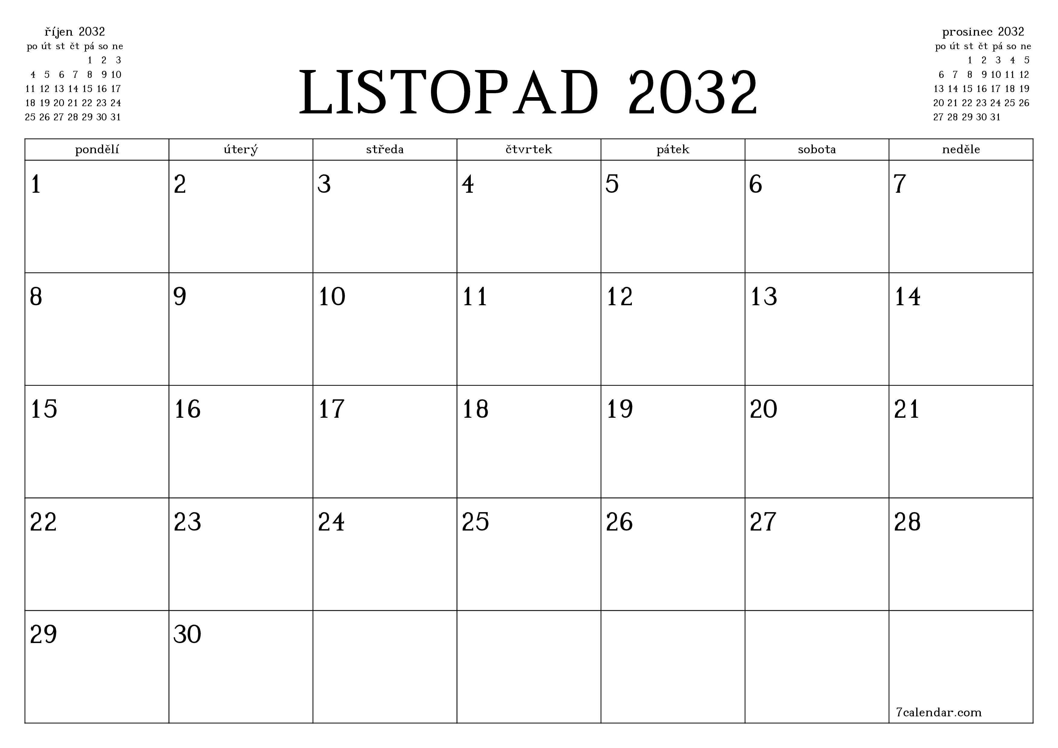 Vyprázdnit měsíční plánovač na měsíc listopad 2032 s poznámkami, uložit a vytisknout do PDF PNG Czech
