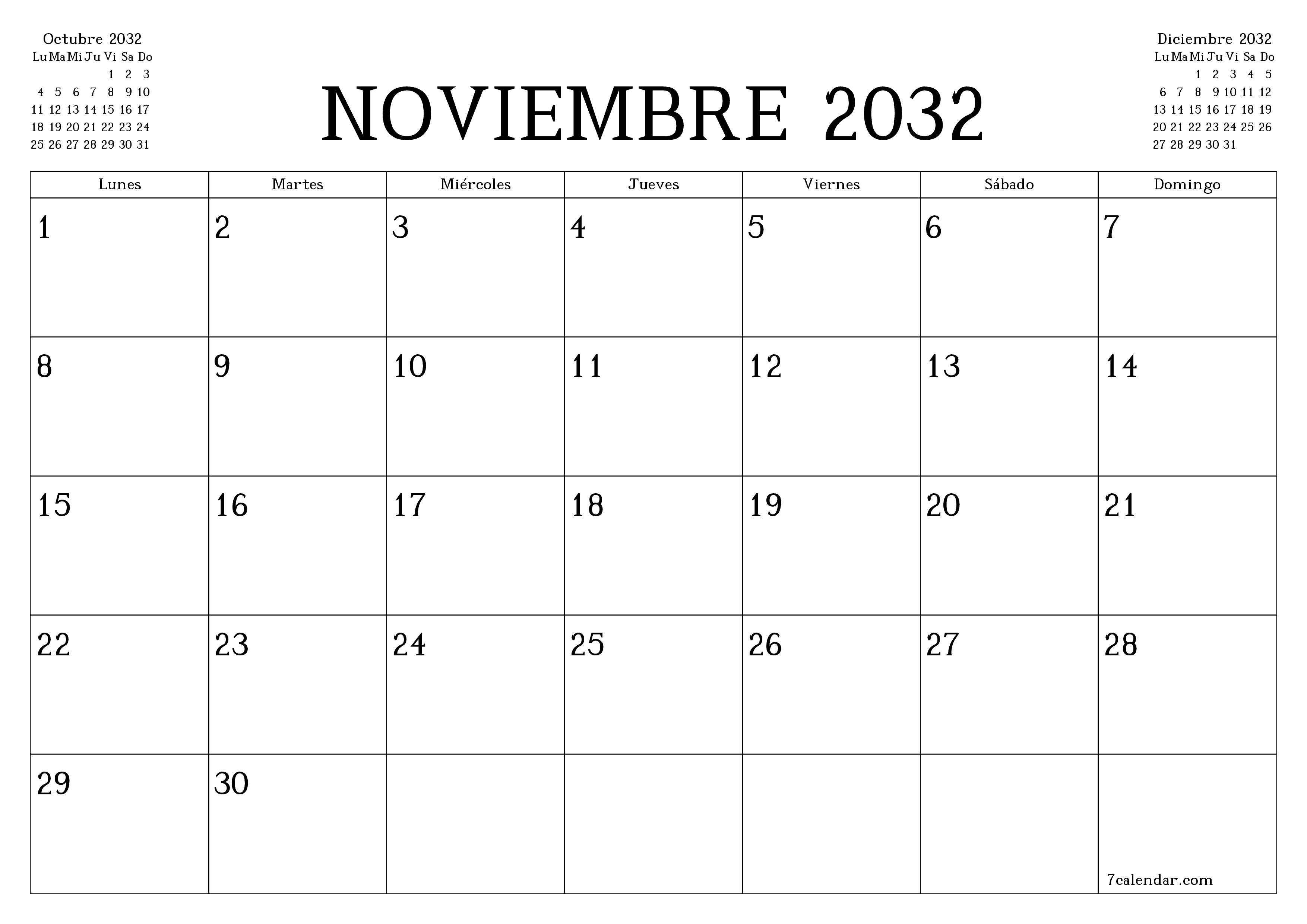 Planificador mensual vacío para el mes Noviembre 2032 con notas, guardar e imprimir en PDF PNG Spanish