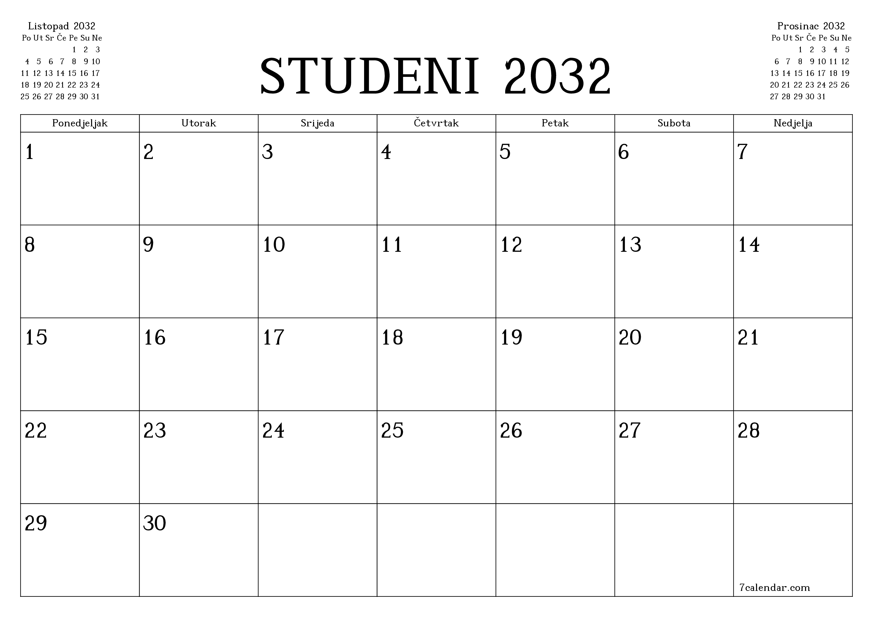 Ispraznite mjesečni planer za mjesec Studeni 2032 s bilješkama, spremite i ispišite u PDF PNG Croatian