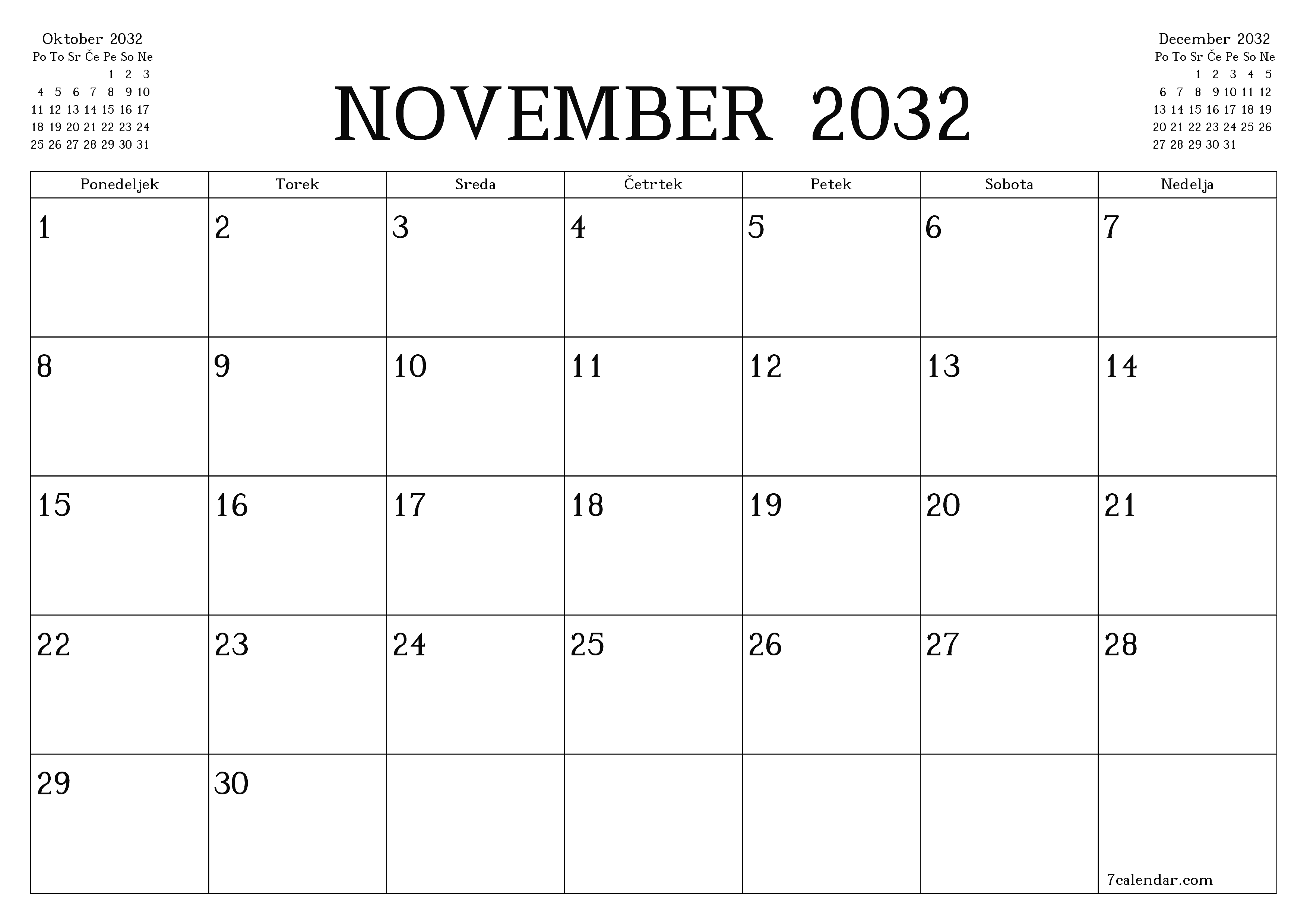 Prazen mesečni načrtovalec koledarja za mesec November 2032 z opombami, natisnjenimi v PDF PNG Slovenian