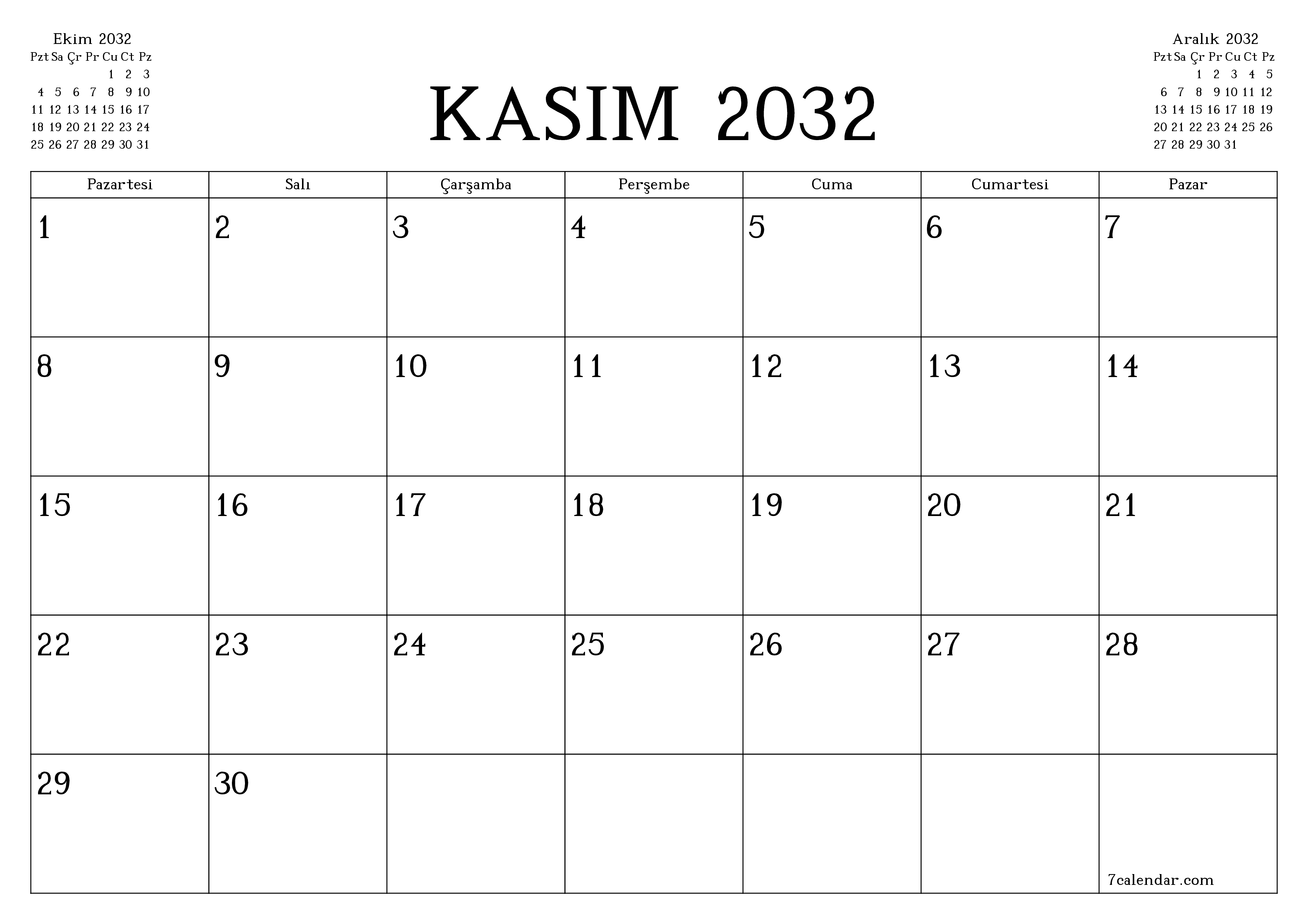 Kasım 2032 ayı için notlarla birlikte boş aylık planlayıcı, kaydedin ve PDF'ye yazdırın PNG Turkish