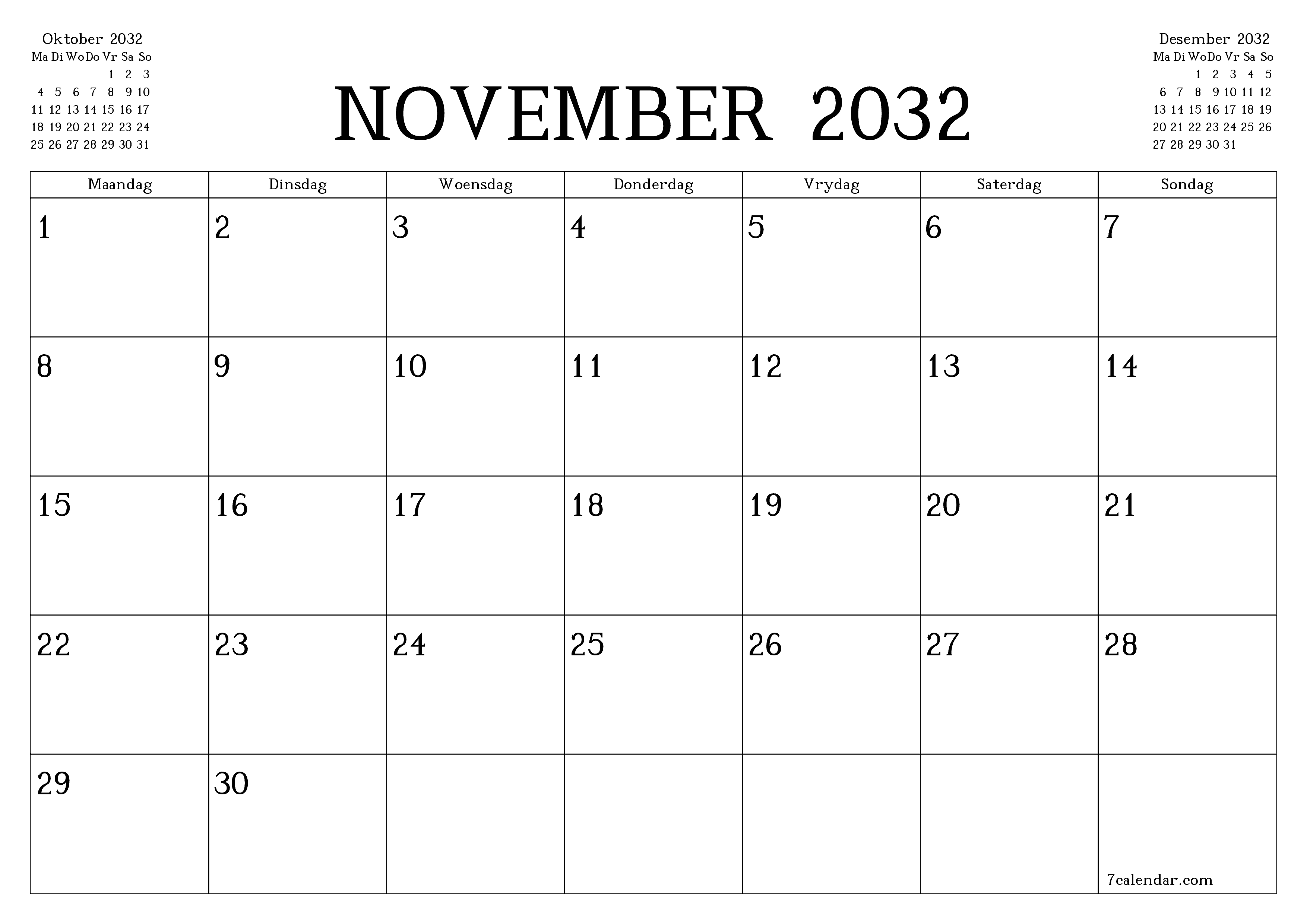Leë maandelikse drukbare kalender en beplanner vir maand November 2032 met notas stoor en druk na PDF PNG Afrikaans