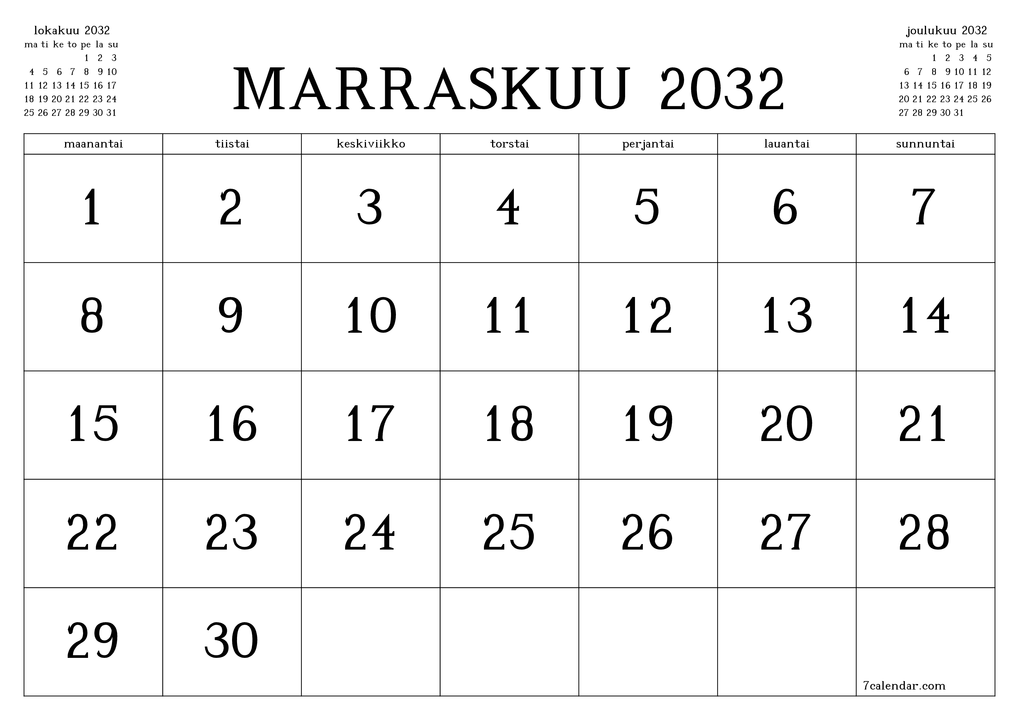 Tyhjennä kuukausittainen suunnittelija kuukaudelle Marraskuu 2032 muistiinpanoilla, tallenna ja tulosta PDF-muotoon PNG Finnish