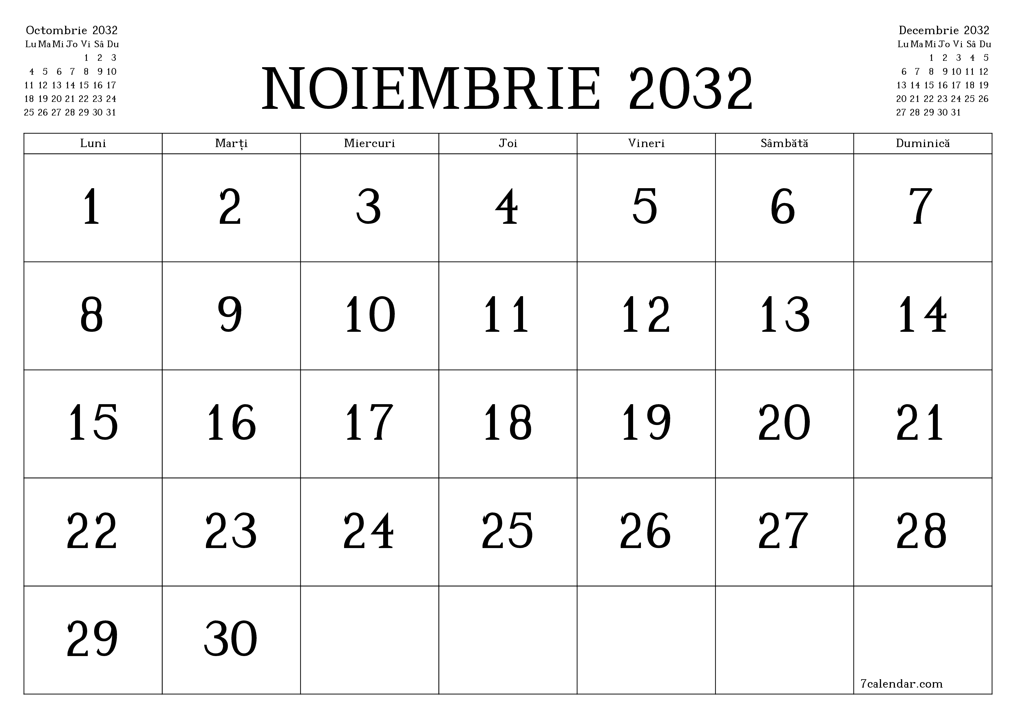 Planificator lunar gol pentru luna Noiembrie 2032 cu note, salvați și tipăriți în PDF PNG Romanian