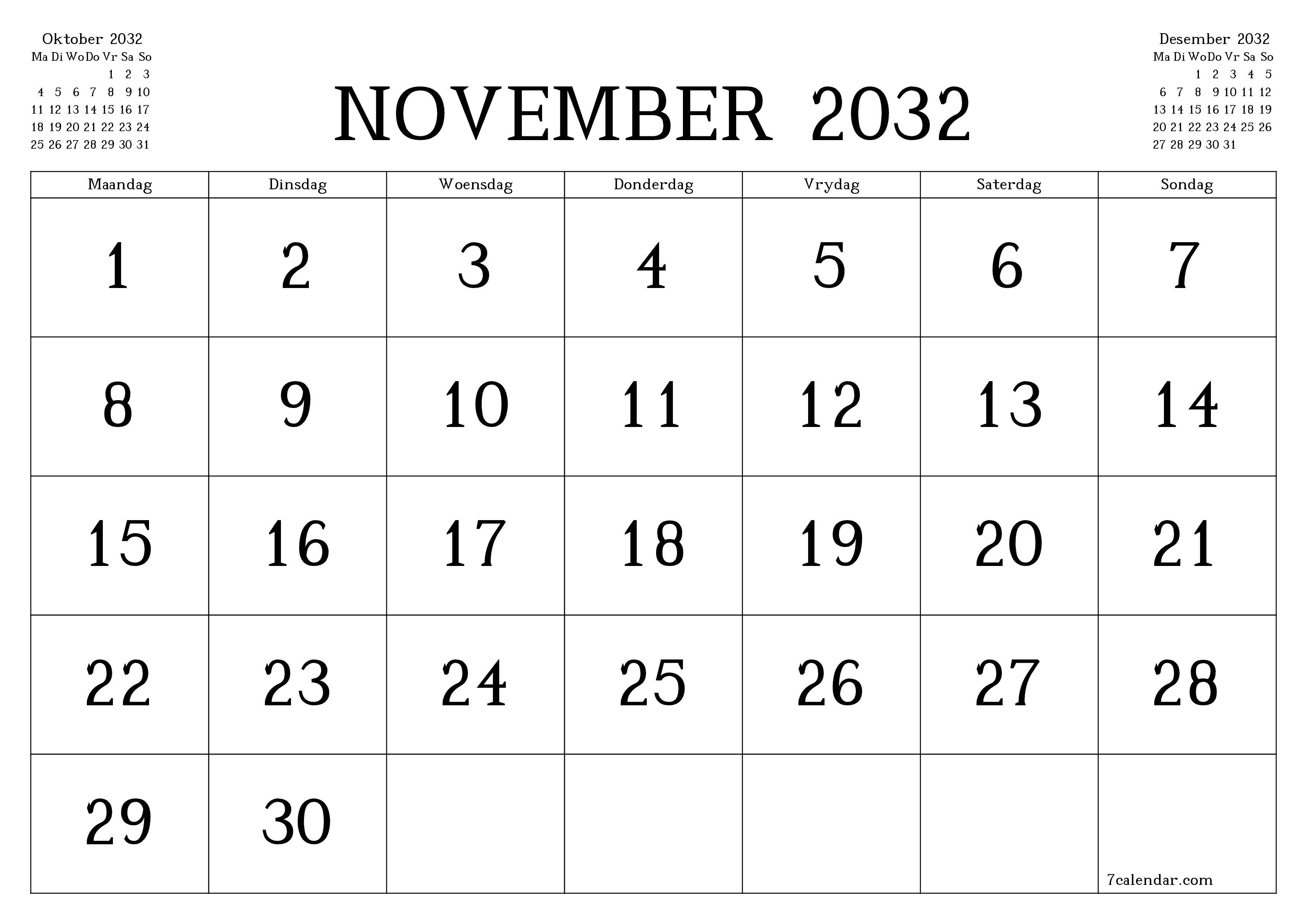 Leë maandelikse drukbare kalender en beplanner vir maand November 2032 met notas stoor en druk na PDF PNG Afrikaans