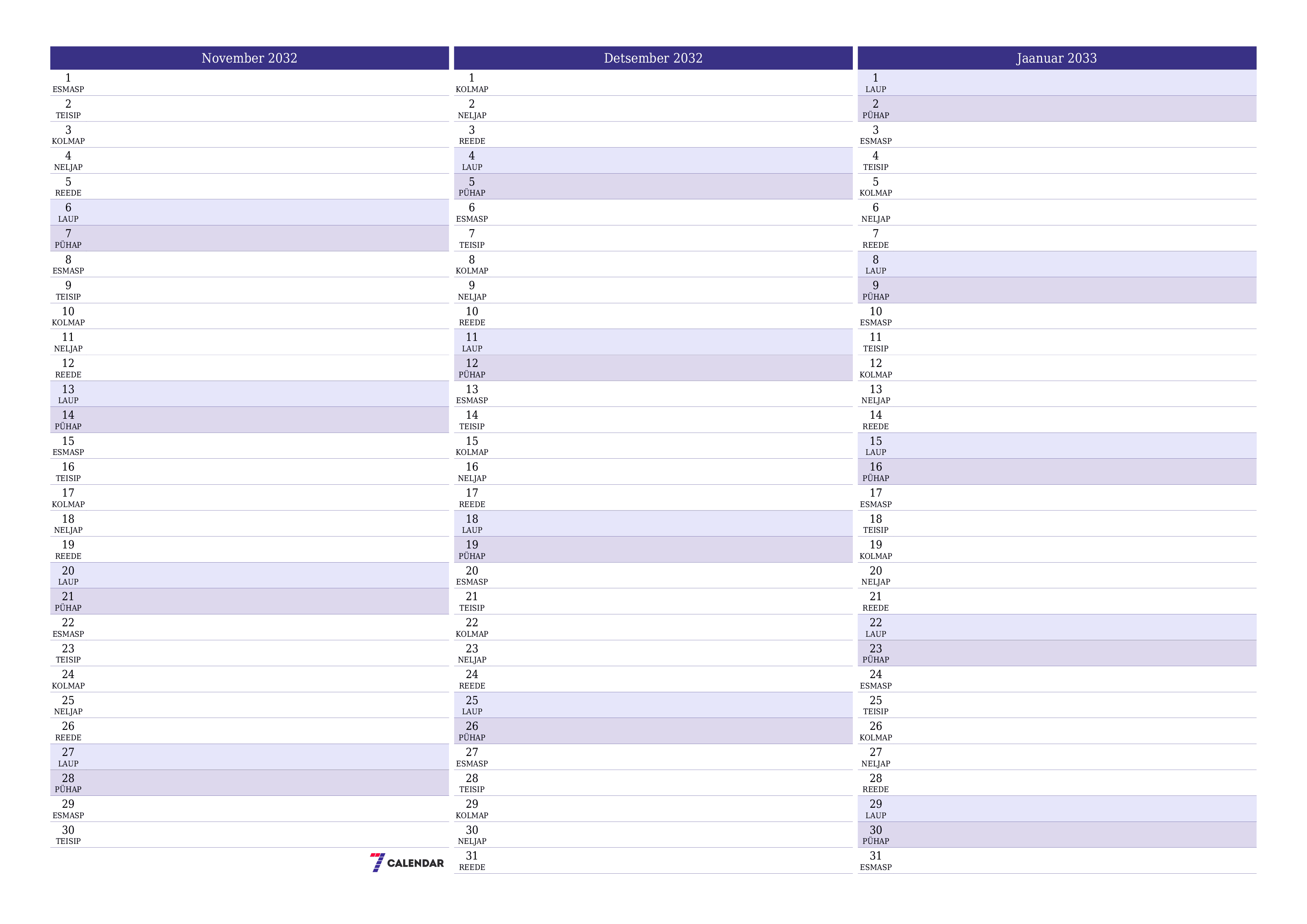 Tühjendage kuu November 2032 kuuplaneerija märkmetega, salvestage ja printige PDF-i PNG Estonian