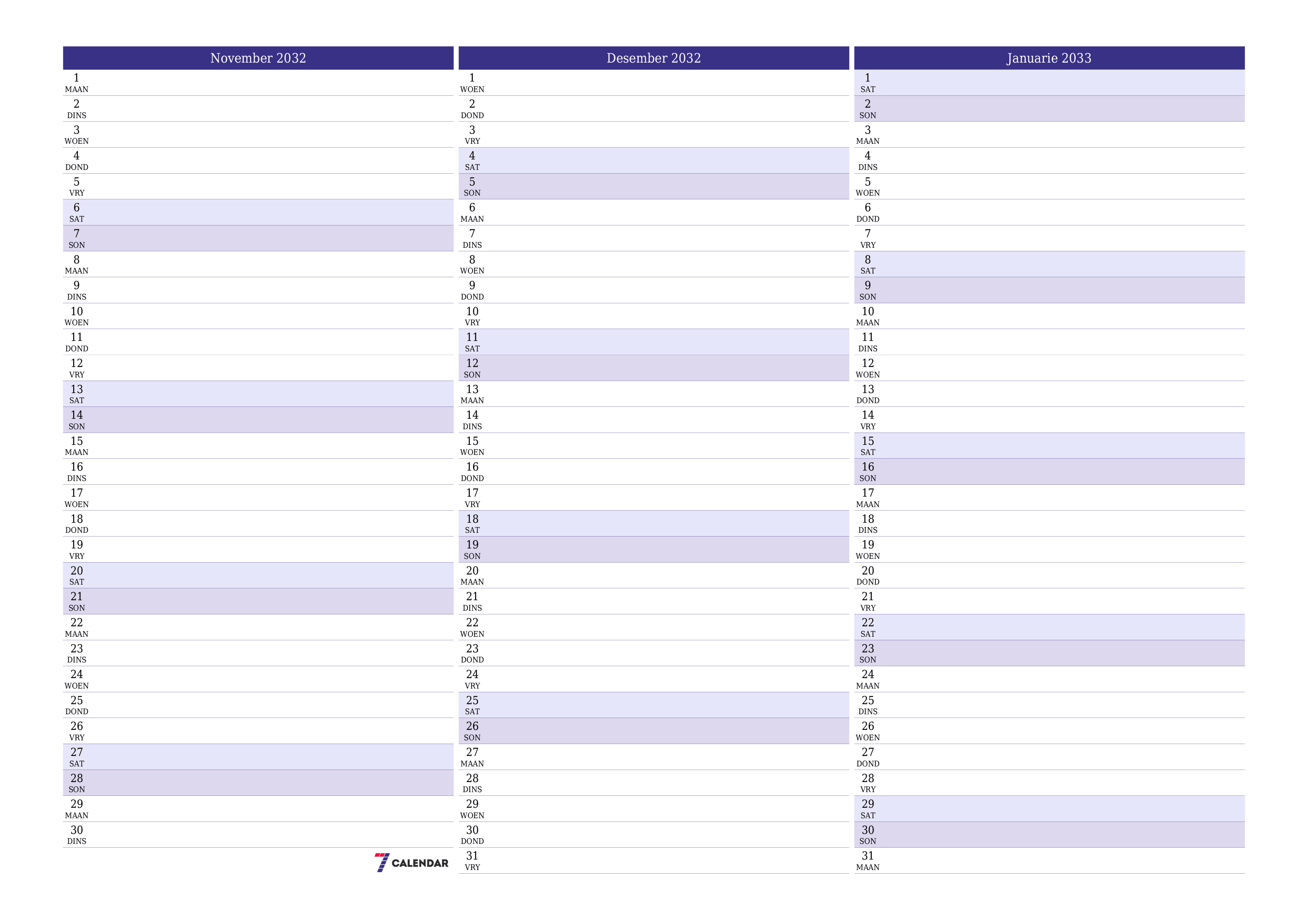 Leë maandelikse drukbare kalender en beplanner vir maand November 2032 met notas stoor en druk na PDF PNG Afrikaans