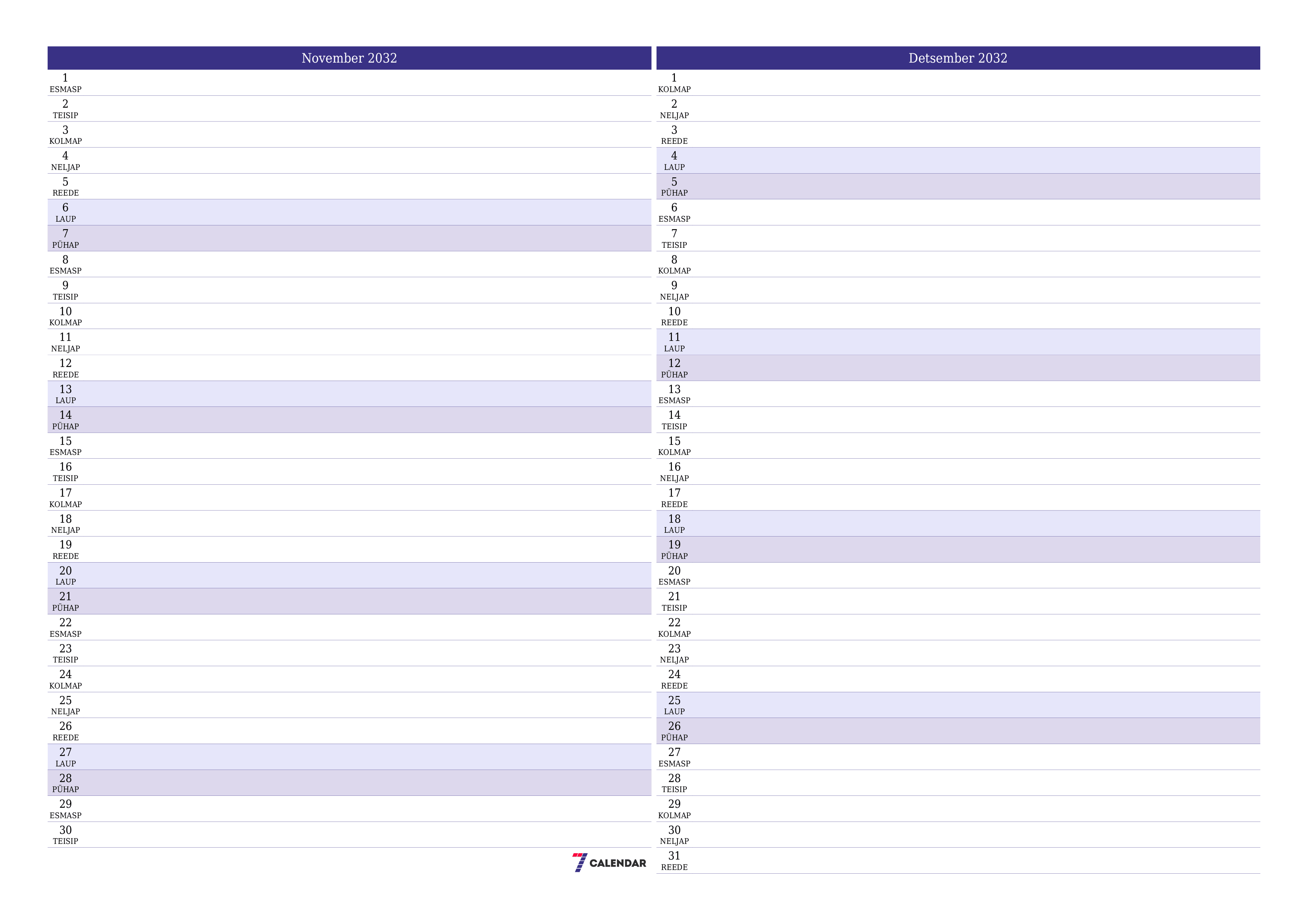 Tühjendage kuu November 2032 kuuplaneerija märkmetega, salvestage ja printige PDF-i PNG Estonian