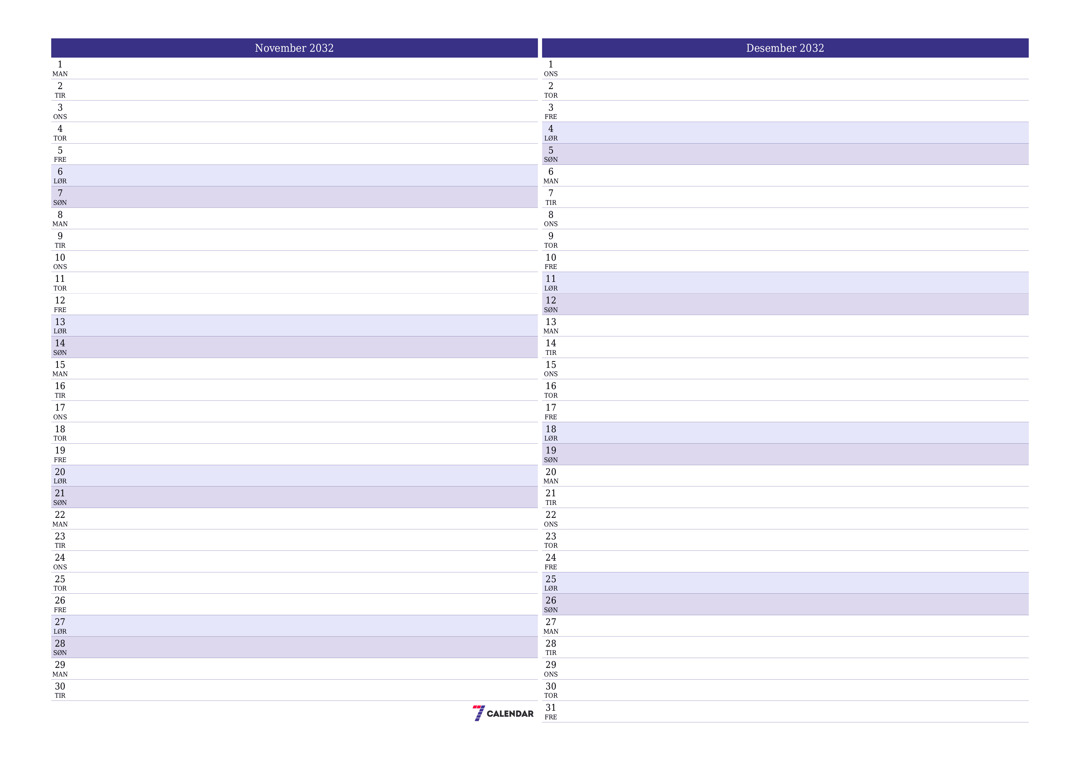 Tom månedlig planlegger for måned November 2032 med notater, lagre og skriv ut til PDF PNG Norwegian