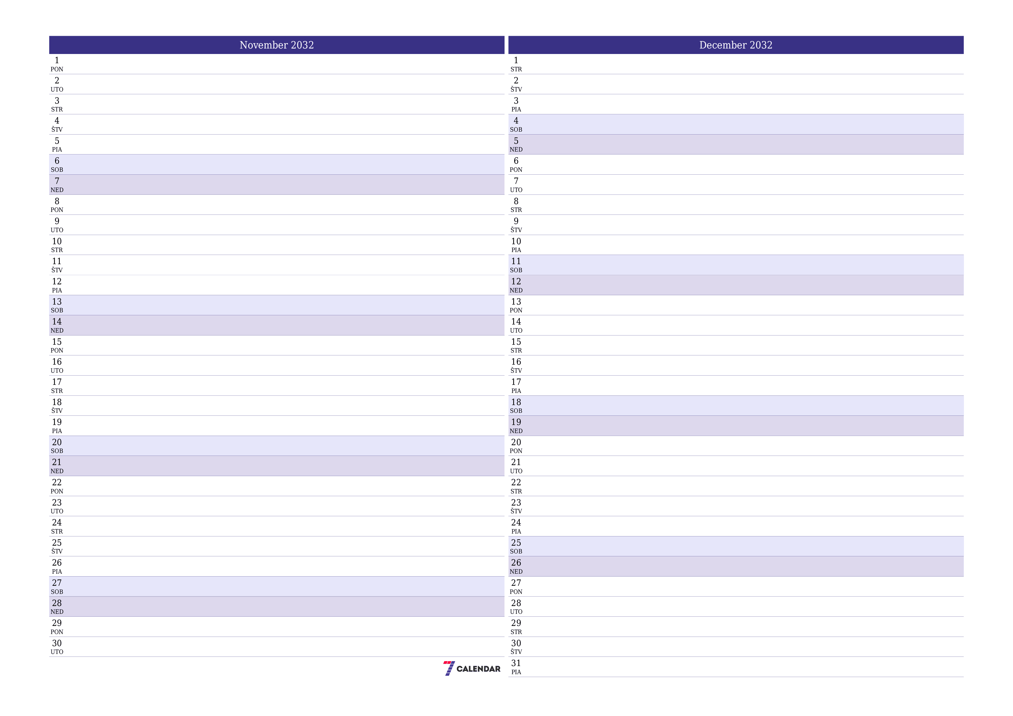 Prázdny mesačný plánovač na mesiac November 2032 s poznámkami, uloženie a tlač do PDF PNG Slovak