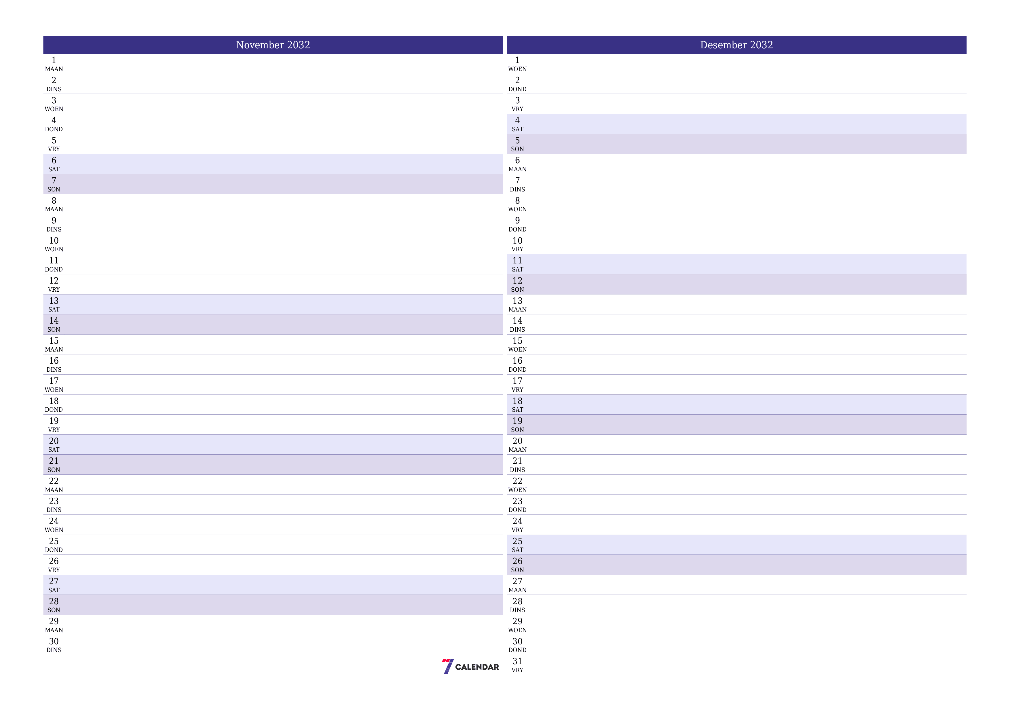 Leë maandelikse drukbare kalender en beplanner vir maand November 2032 met notas stoor en druk na PDF PNG Afrikaans