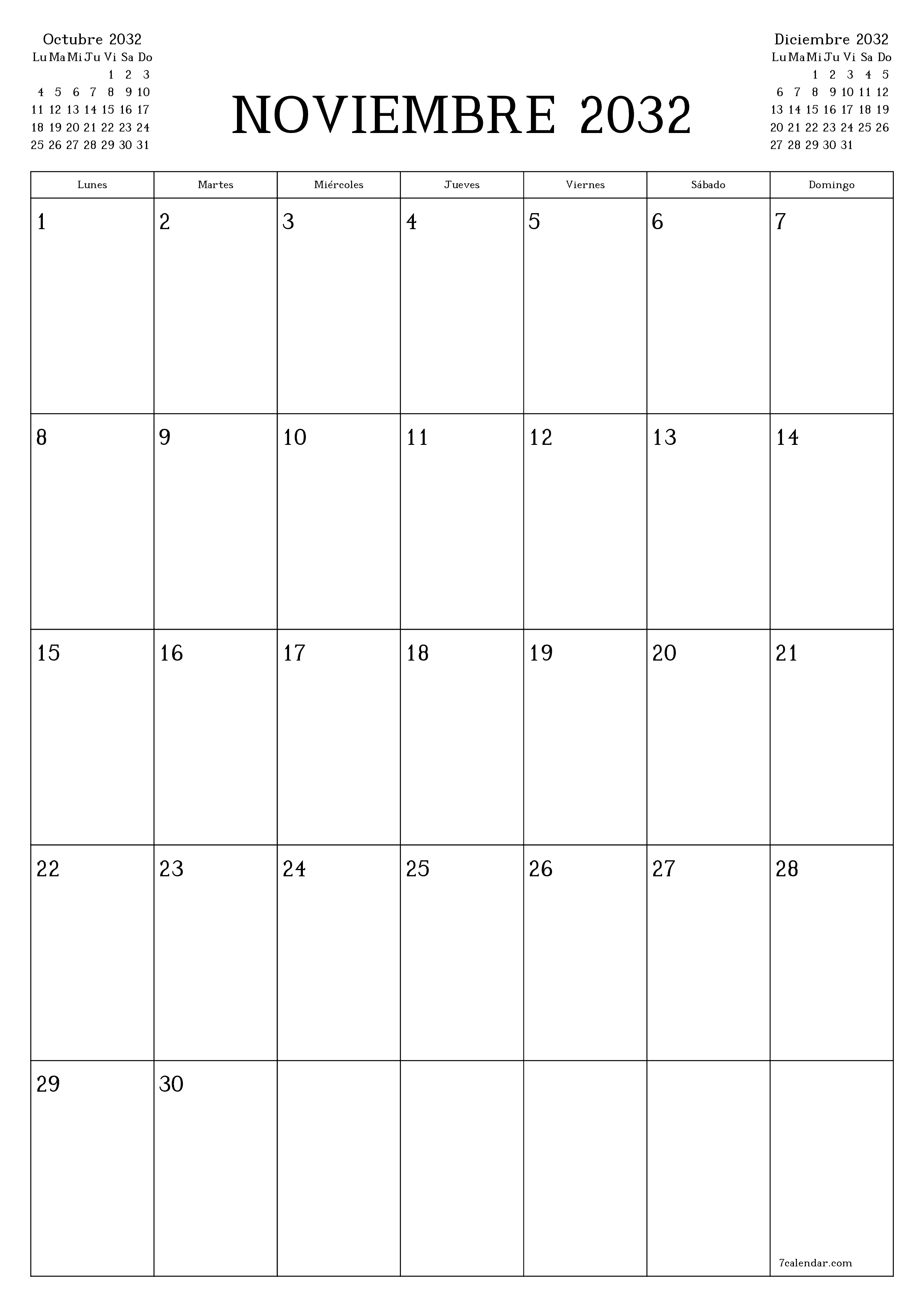  imprimible de pared plantilla de gratisvertical Mensual planificador calendario Noviembre (Nov) 2032