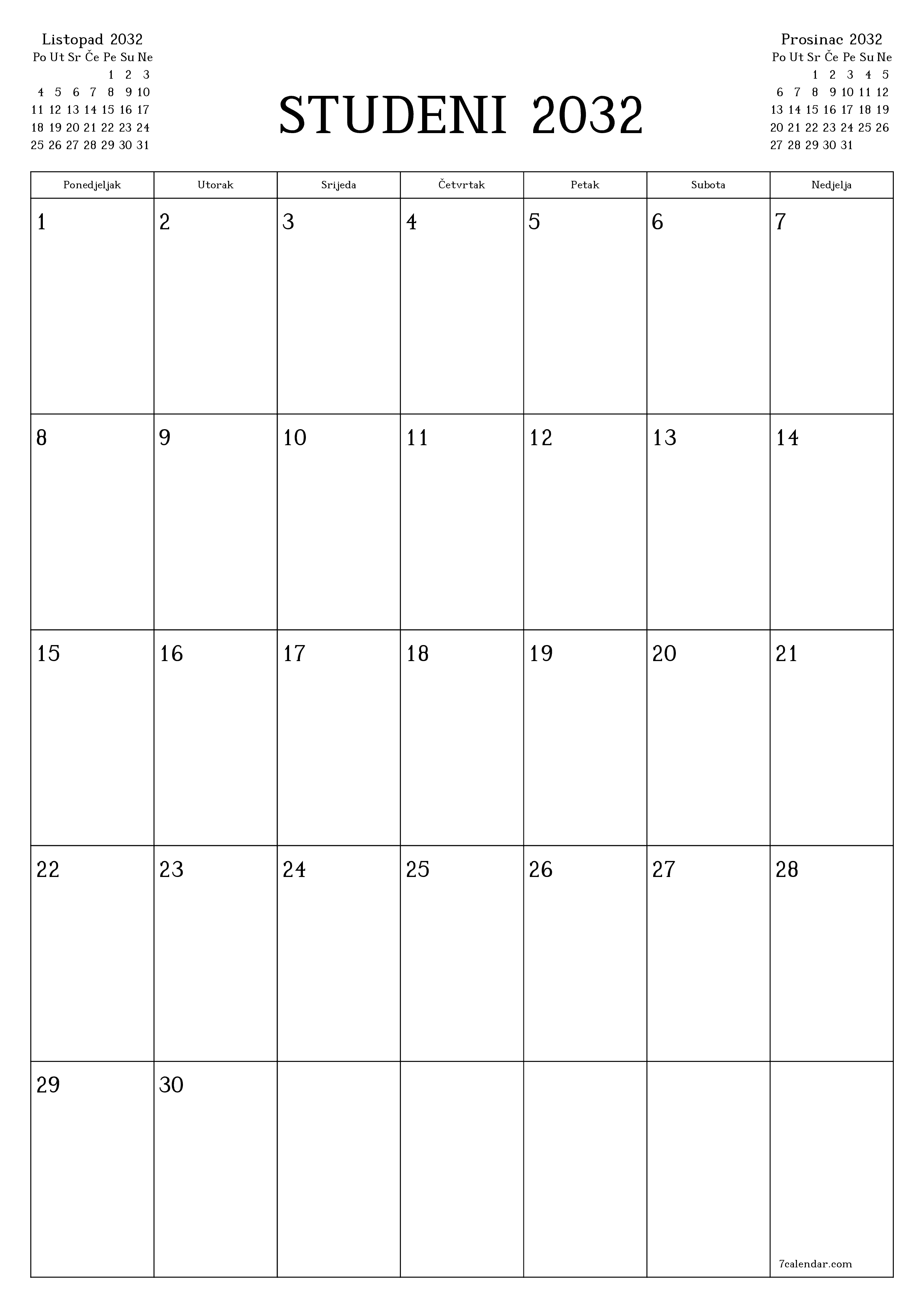  za ispis zidni predložak a besplatni okomito Mjesečni planer kalendar Studeni (Stu) 2032