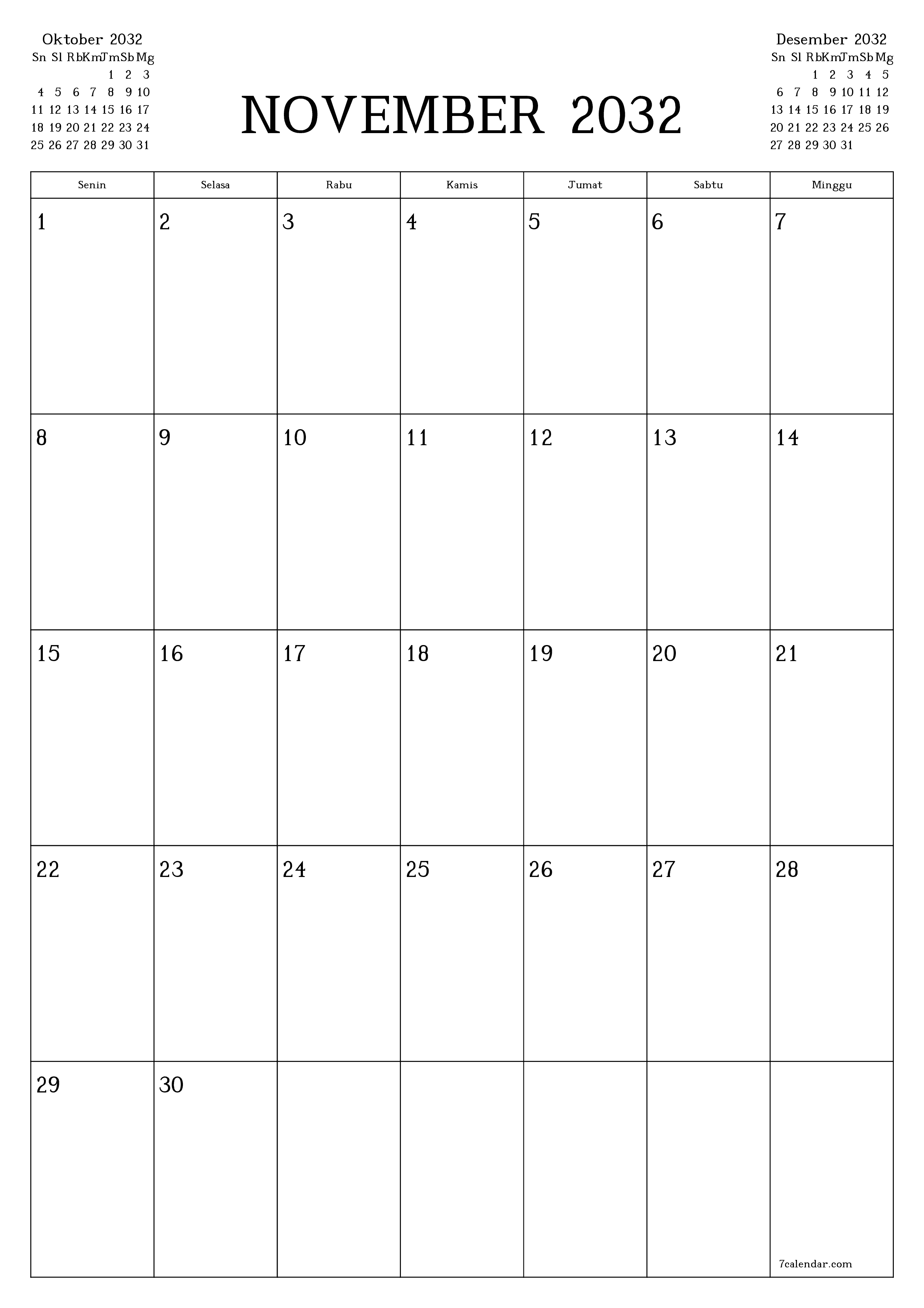  yang dapat dicetak dinding templat gratisvertikal Bulanan perencana kalender November (Nov) 2032