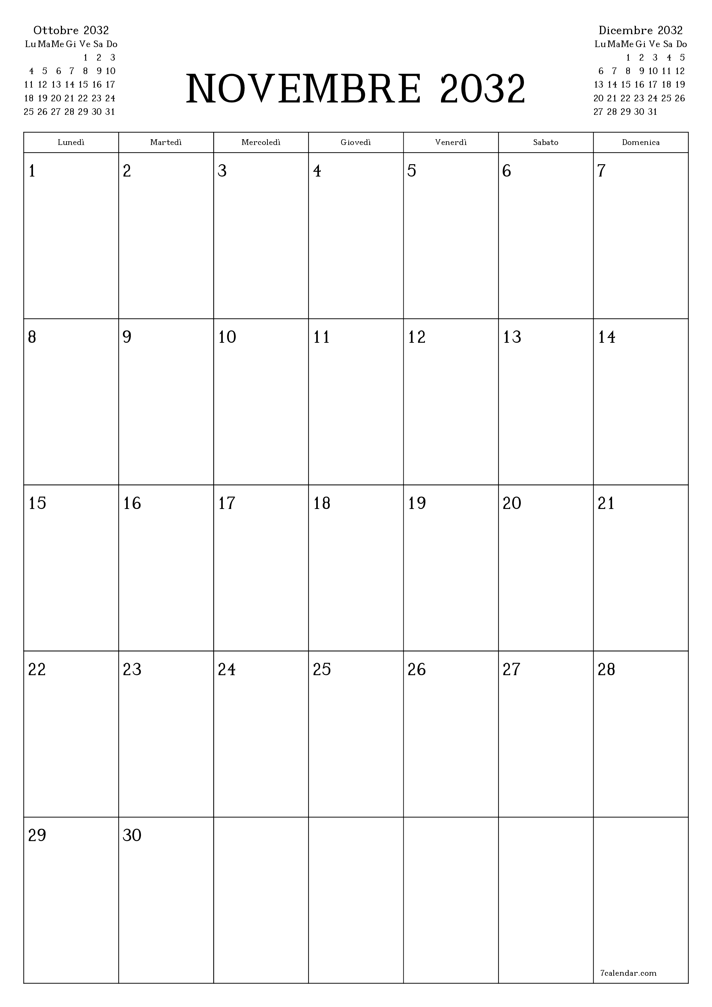  stampabile da parete modello di gratuitoverticale Mensile pianificatore calendario Novembre (Nov) 2032