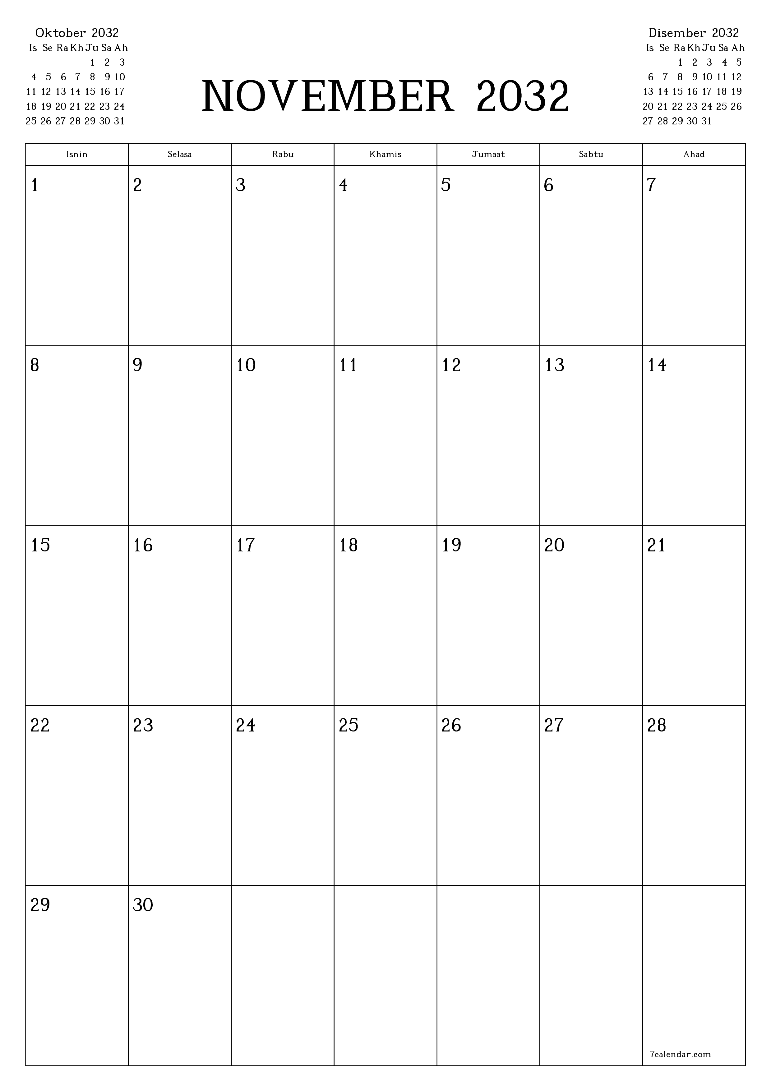  boleh cetak dinding templat percumamenegak Bulanan perancang kalendar November (Nov) 2032