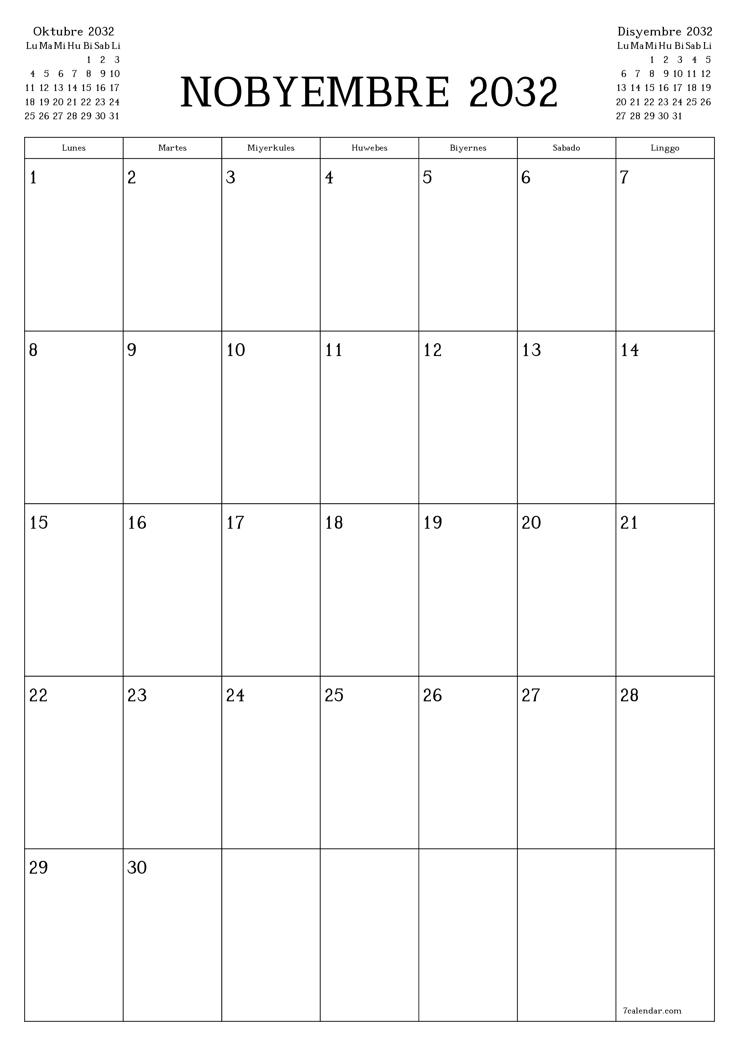 Walang laman na buwanang tagaplano para sa buwan na Nobyembre 2032 na may mga tala, i-save at i-print sa PDF PNG Filipino