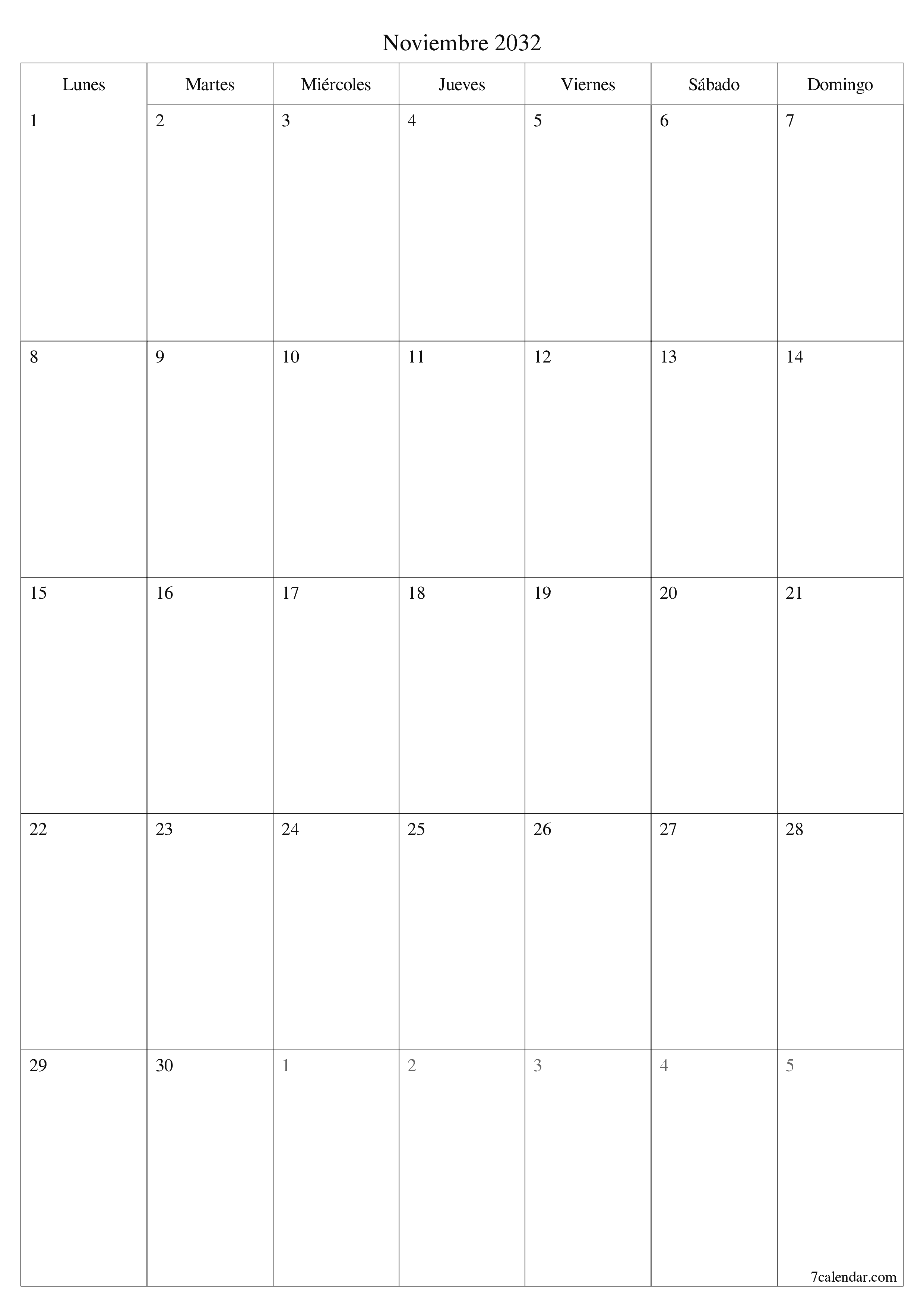 imprimible de pared plantilla de gratisvertical Mensual planificador calendario Noviembre (Nov) 2032