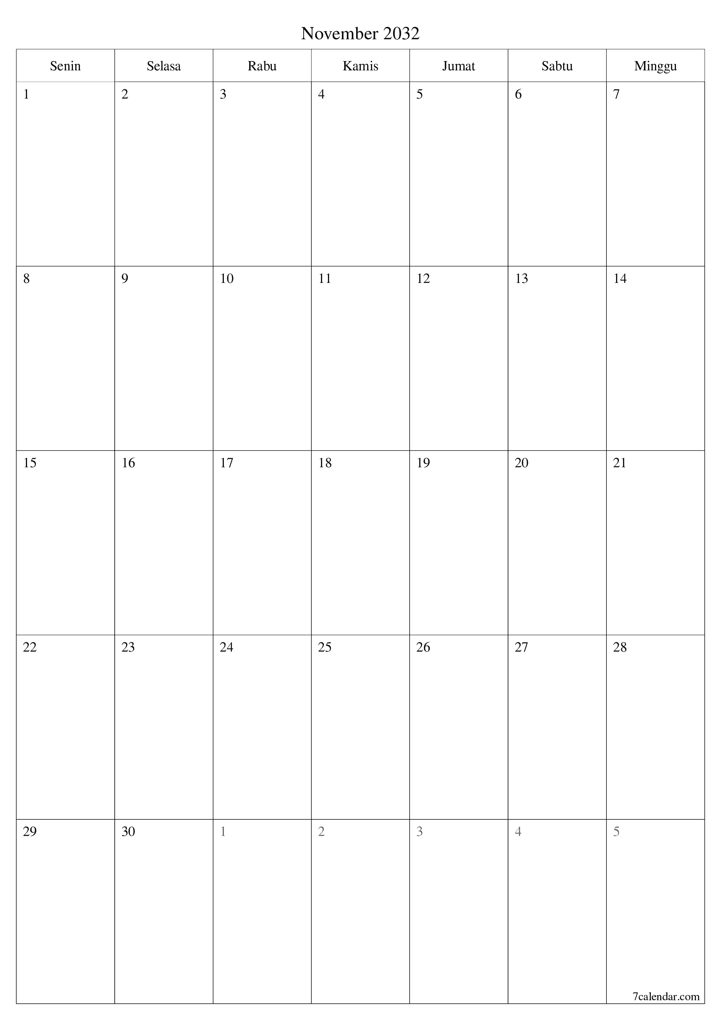  yang dapat dicetak dinding templat gratisvertikal Bulanan perencana kalender November (Nov) 2032