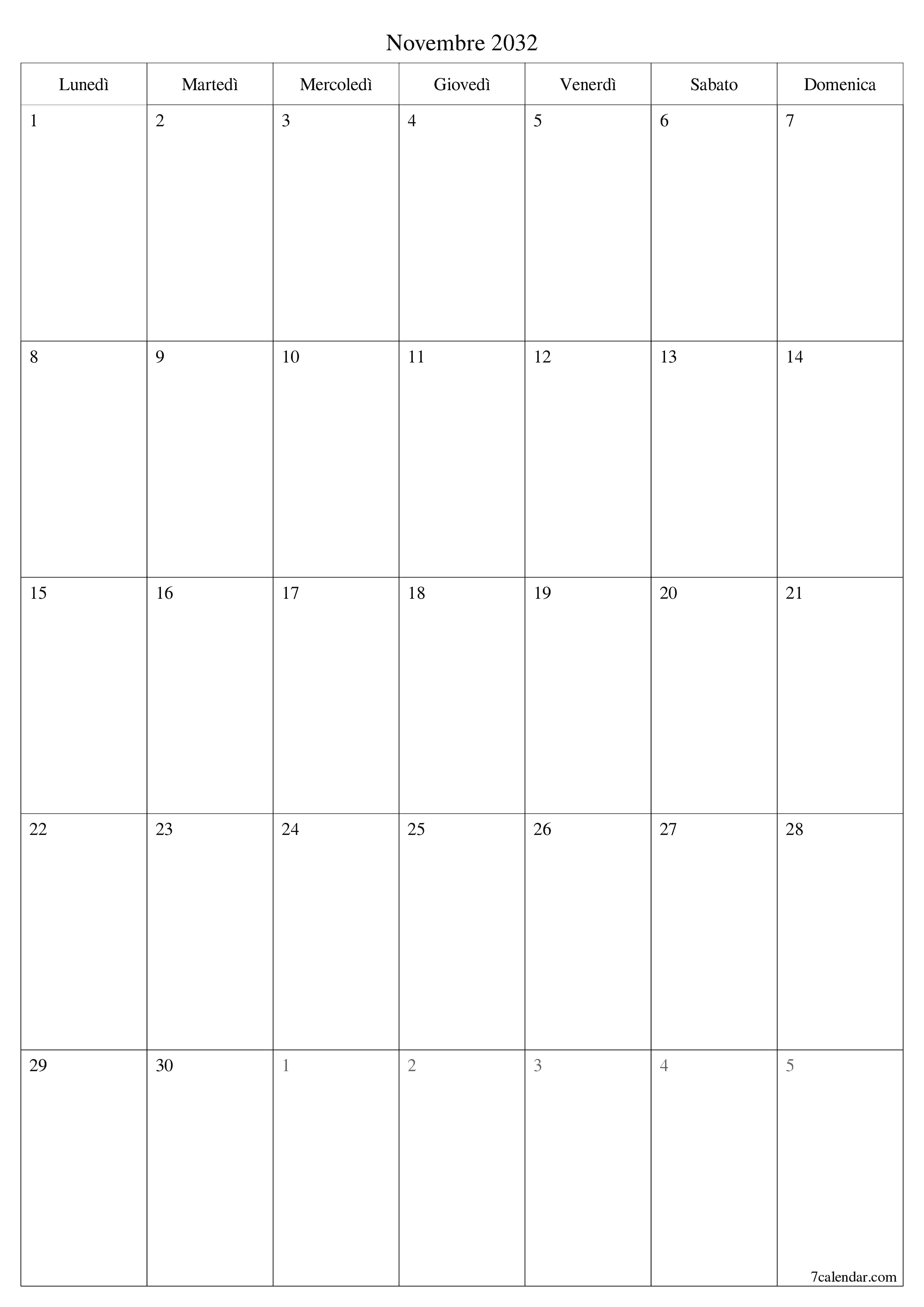  stampabile da parete modello di gratuitoverticale Mensile pianificatore calendario Novembre (Nov) 2032