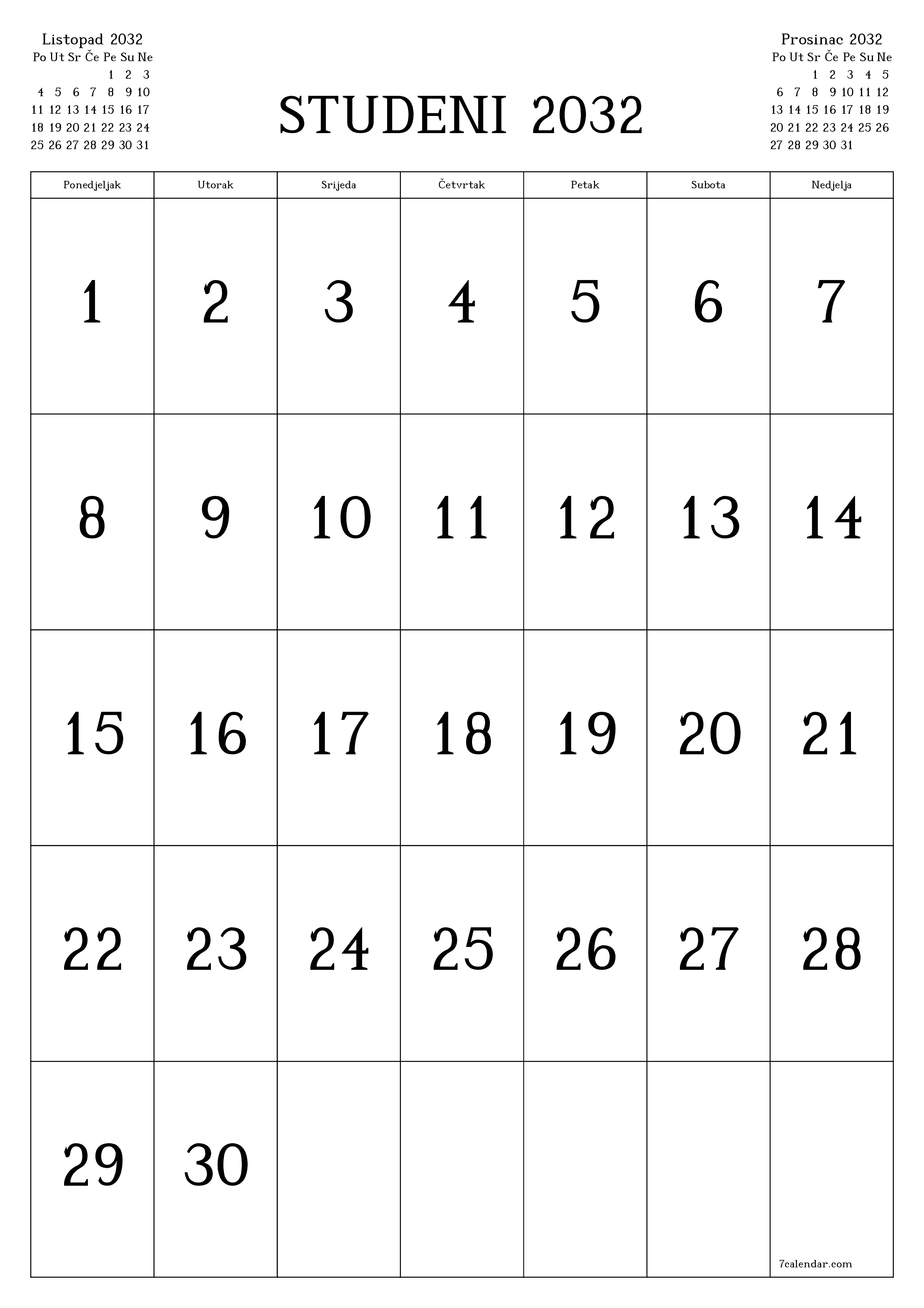  za ispis zidni predložak a besplatni okomito Mjesečni kalendar Studeni (Stu) 2032