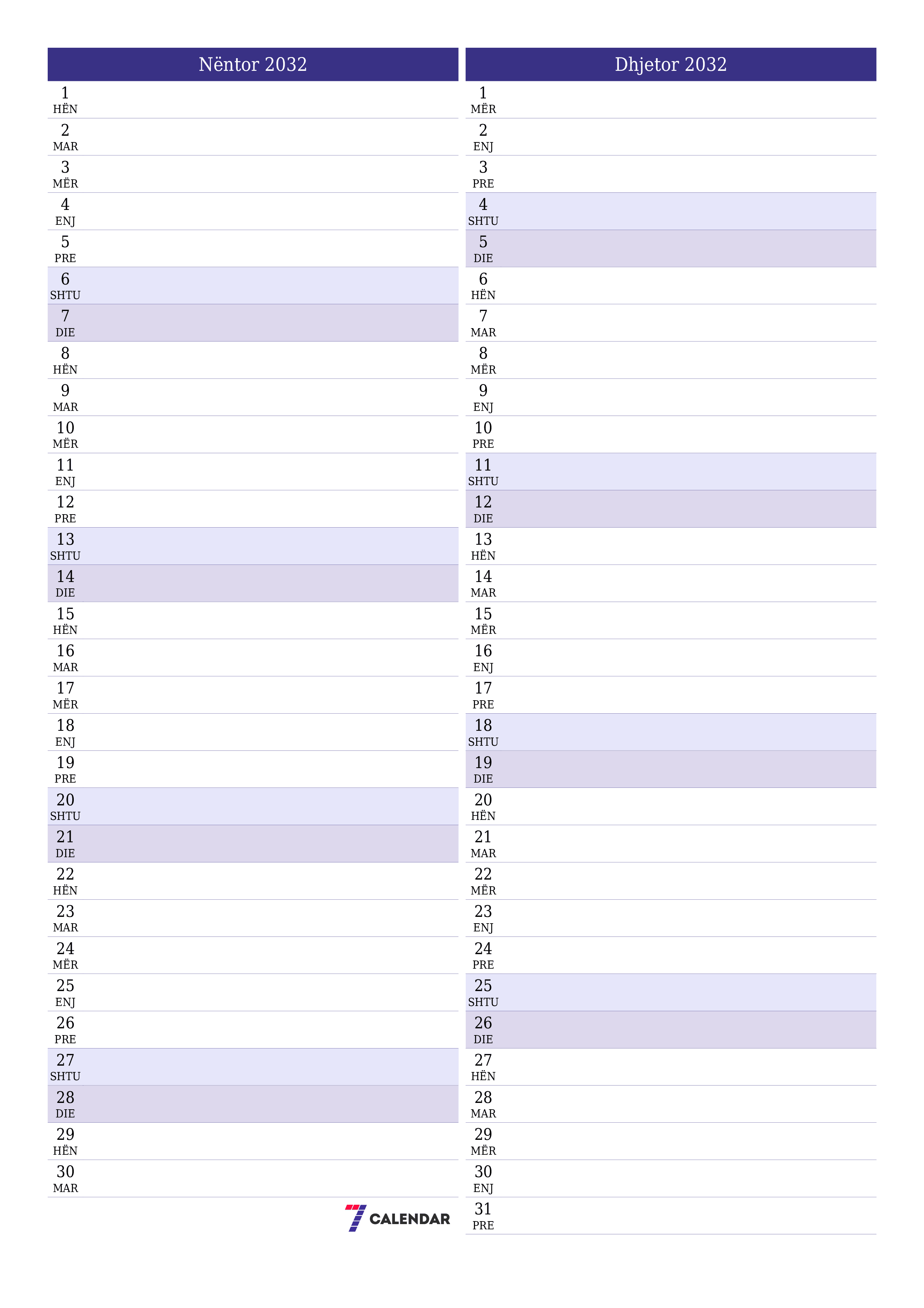 Planifikuesi i zbrazët i kalendarit mujor për muajin Nëntor 2032 me shënime të ruajtura dhe të printuara në PDF PNG Albanian
