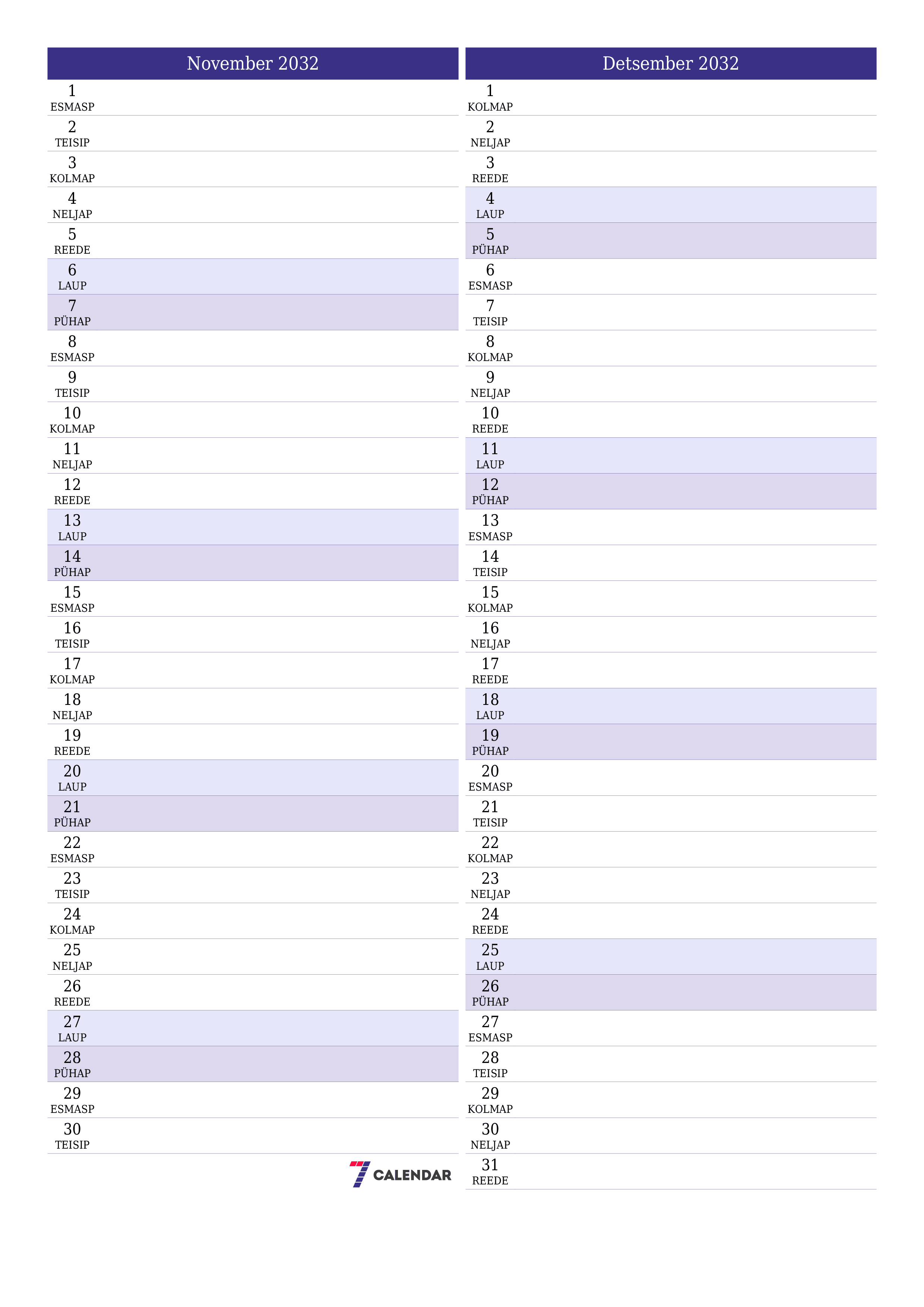 Tühjendage kuu November 2032 kuuplaneerija märkmetega, salvestage ja printige PDF-i PNG Estonian
