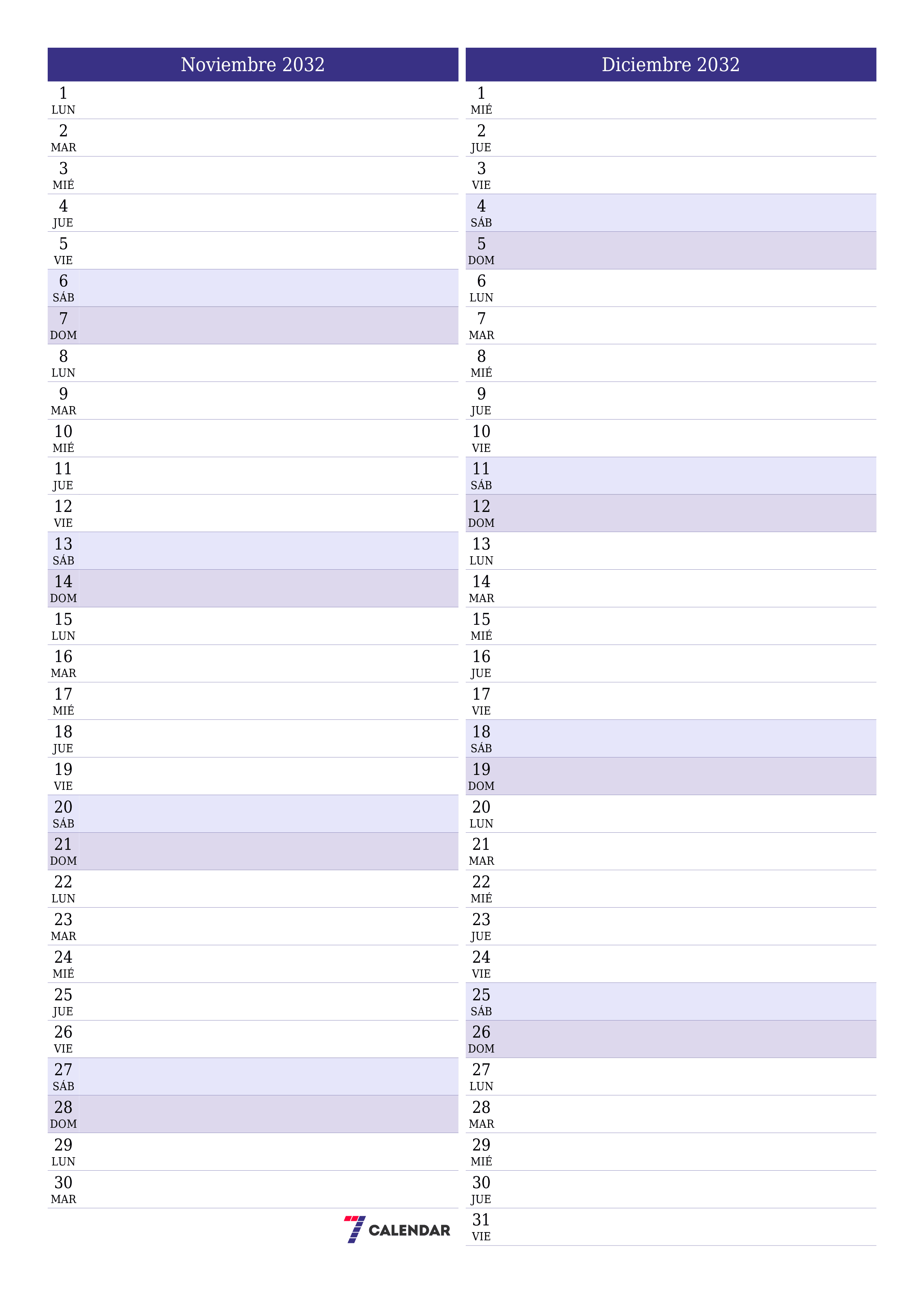  imprimible de pared plantilla de gratisvertical Mensual planificador calendario Noviembre (Nov) 2032