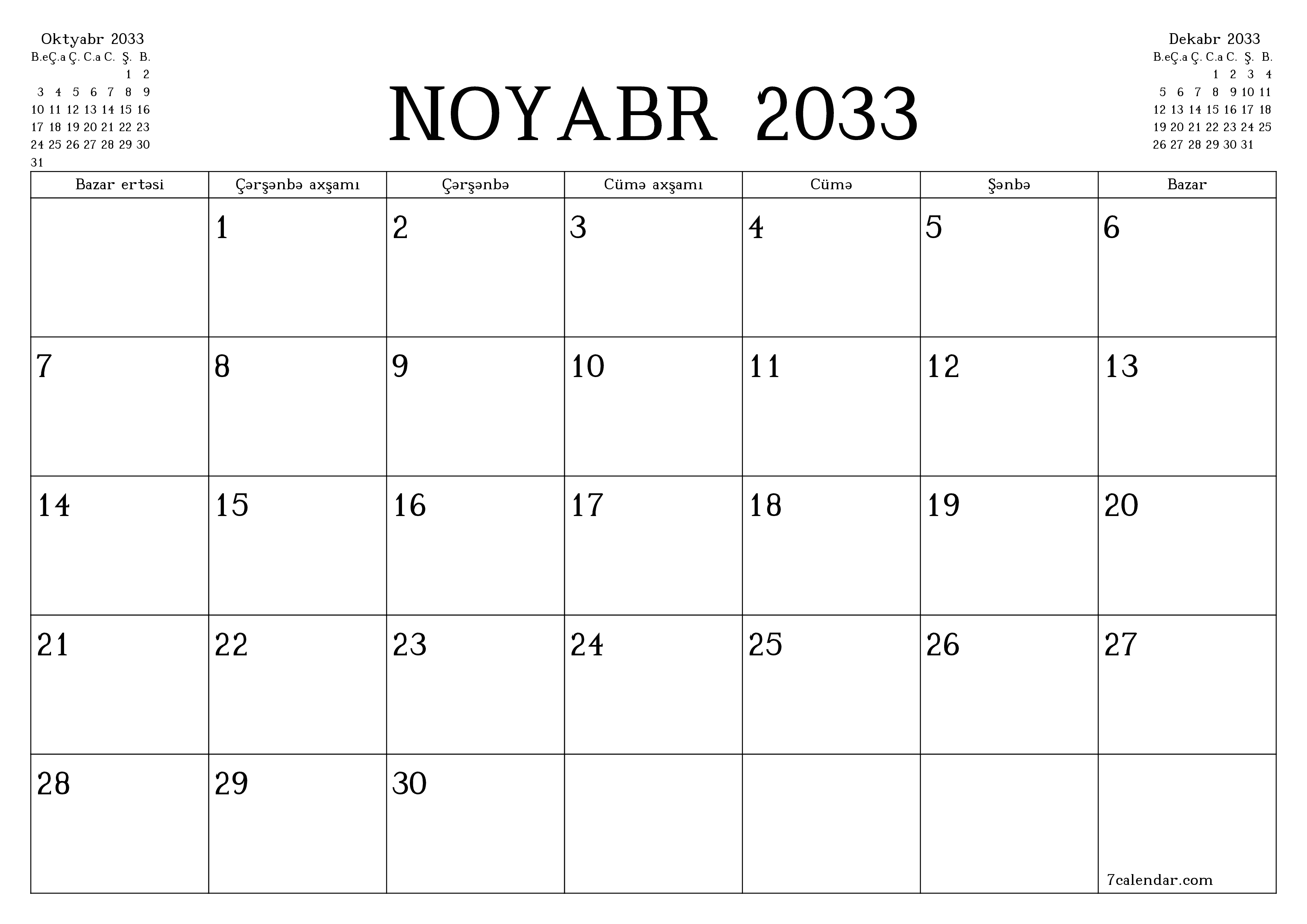 Noyabr 2033 ayı üçün qeydlər ilə boş aylıq planlayıcı, qeyd edin və PDF-ə yazdırın PNG Azerbaijani