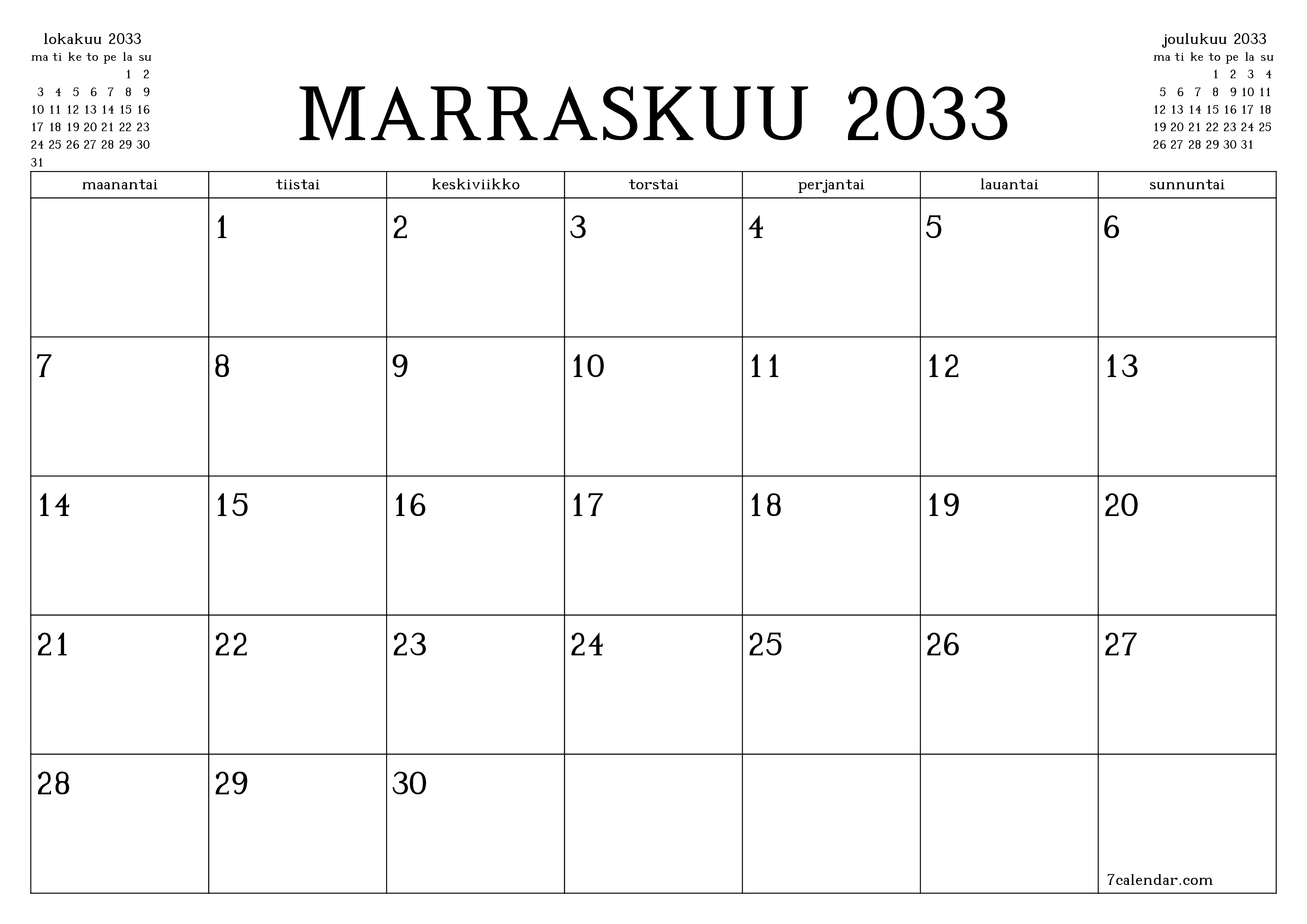 Tyhjennä kuukausittainen suunnittelija kuukaudelle Marraskuu 2033 muistiinpanoilla, tallenna ja tulosta PDF-muotoon PNG Finnish