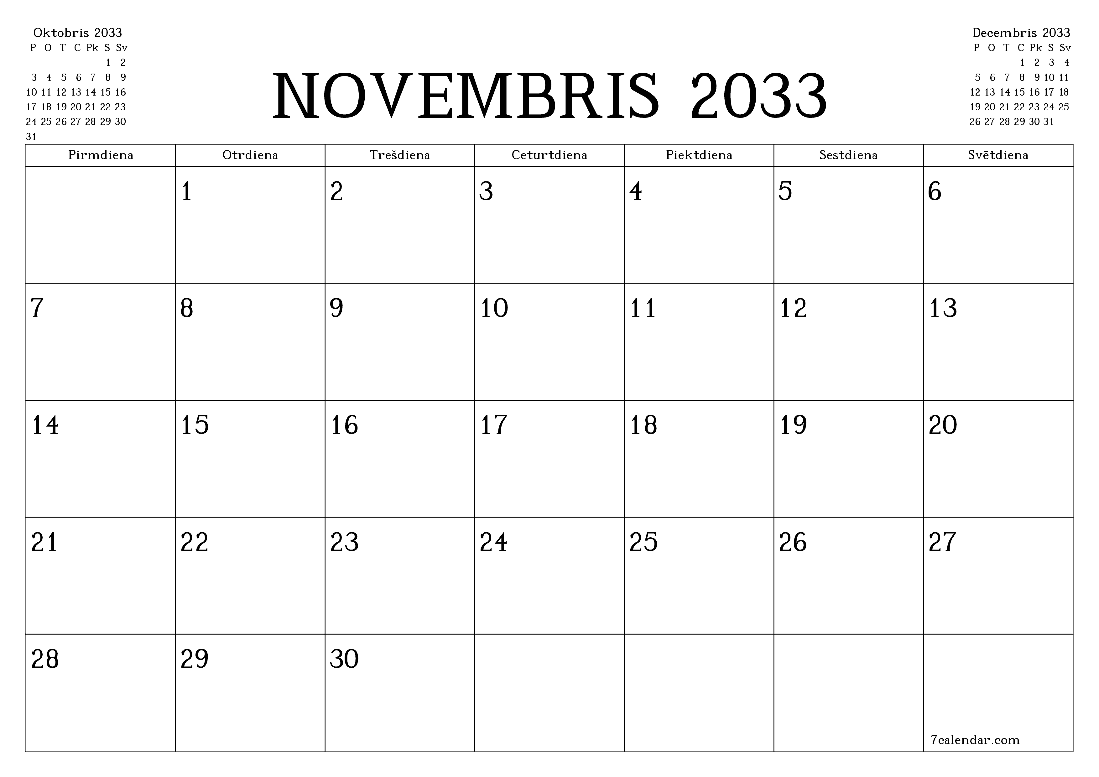 Iztukšot mēneša plānotāju mēnesim Novembris 2033 ar piezīmēm, saglabāt un izdrukāt PDF formātā PNG Latvian