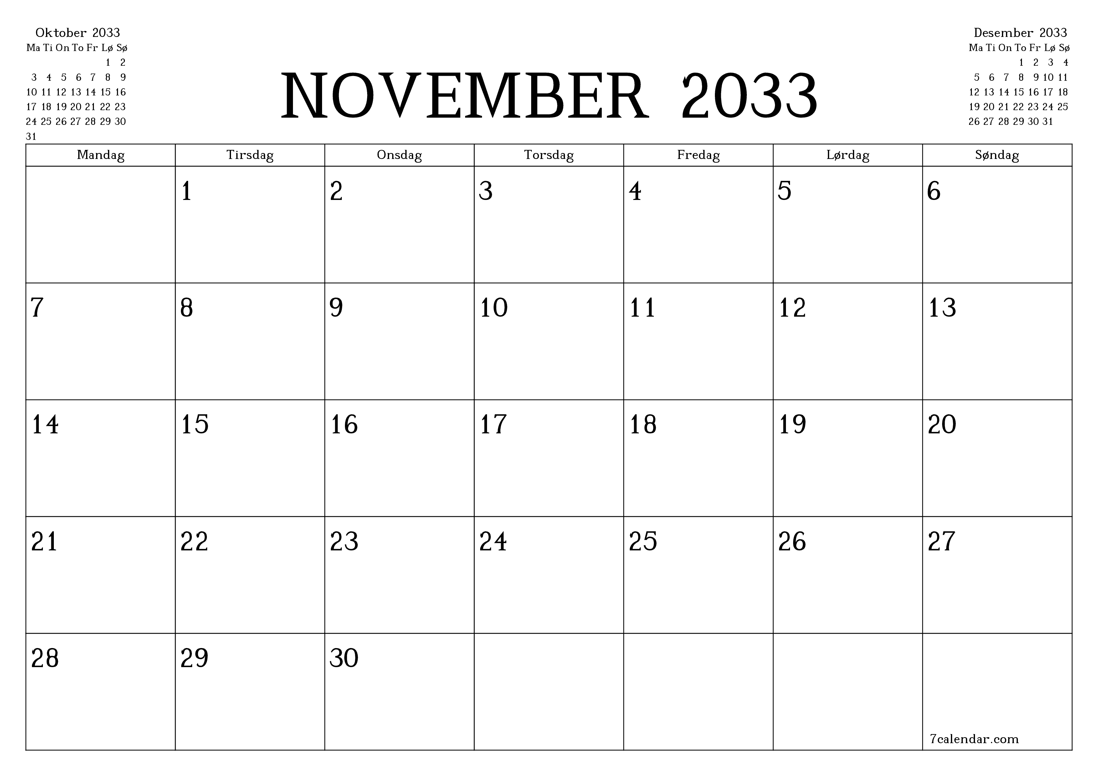 Tom månedlig planlegger for måned November 2033 med notater, lagre og skriv ut til PDF PNG Norwegian