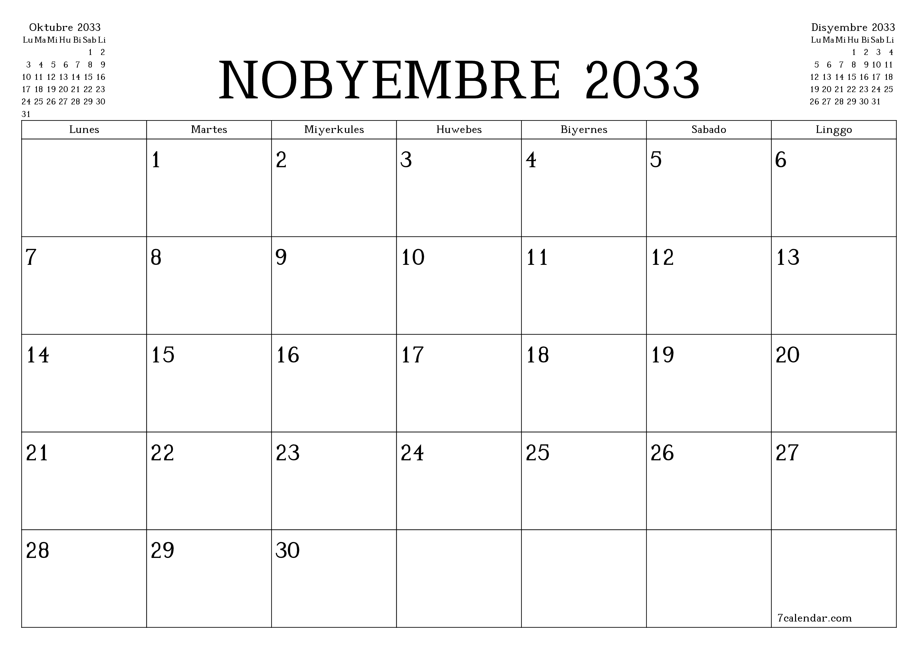 Walang laman na buwanang tagaplano para sa buwan na Nobyembre 2033 na may mga tala, i-save at i-print sa PDF PNG Filipino